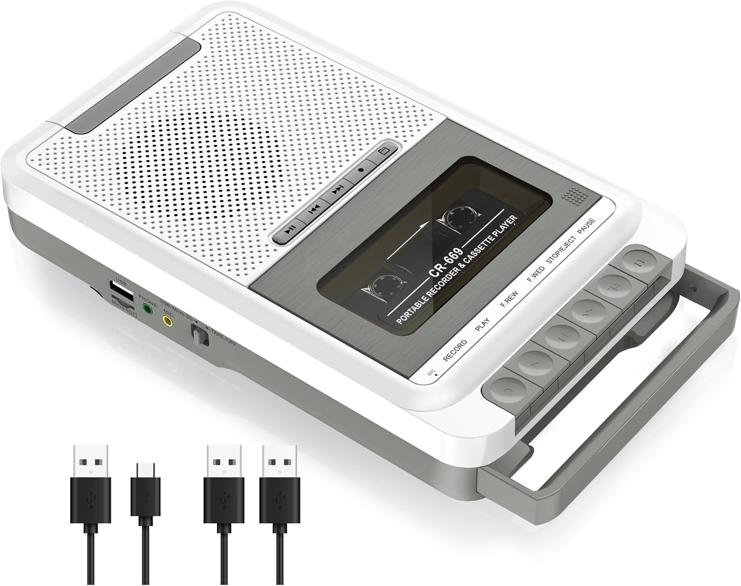 Gracioso Cassette Tape Converter to MP3 via U Disk/SD Card or PC Record to Cassettes/USB/SD Card via Mic,Cassette to Digital Tape Player with Headphone Jack,Retractable Handle (White)