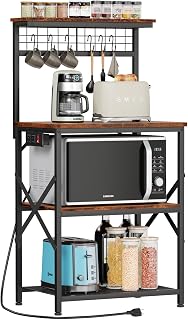 Furologee Kitchen Bakers Rack with Power Outlet, Microwave Oven Stand with Storage 4 Tiers, Coffee Bar Table with 6 S Hooks, Kitchen Storage Shelf Rack for Spices, Pots, Rustic Brown