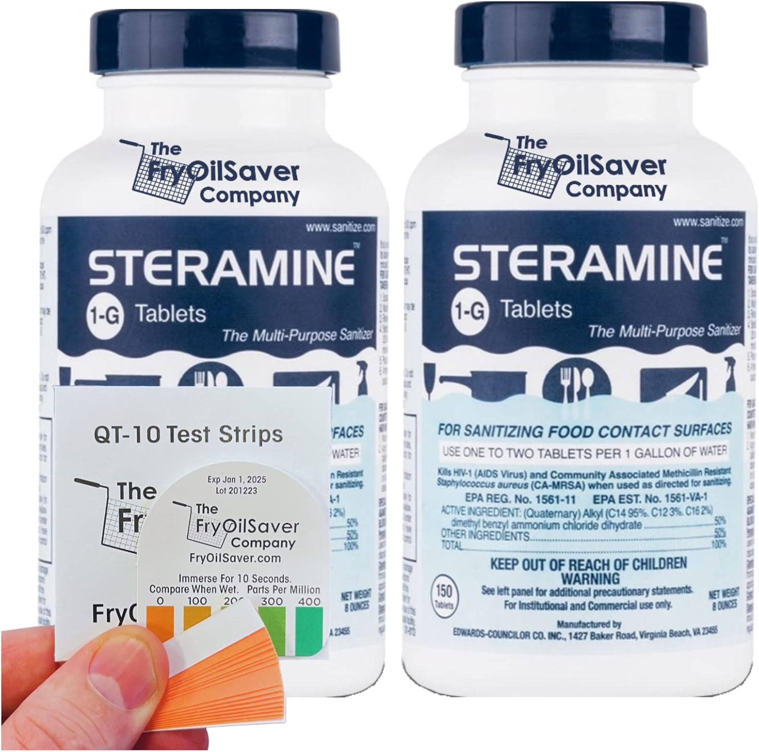 2 Bottles Steramine Sanitizer Tablet w/ 15 QT-10 Test Strip, Multi Purpose Steramine Sanitizing Tab for Food Contact Surface, Kitchen, Restaurant, Diner & Food Service by FryOilSaver Co. (300 Tablets)