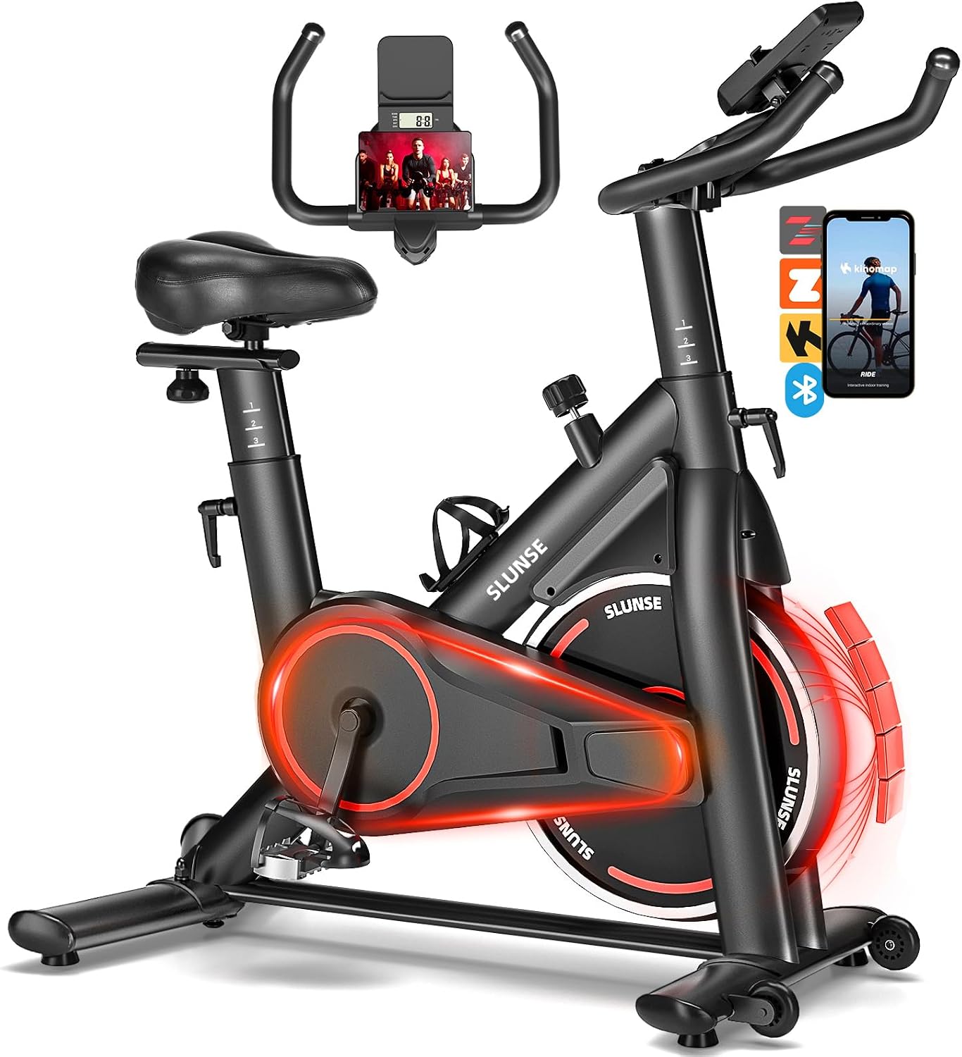 Exercise Bike, Magnetic Resistance Stationary Bikes for Home with App Compatible, Silent Indoor Cycling Bike with 350lbs Weight Capacity Comfortable Seat, Digital Monitor & Phone Mount, Rust Red