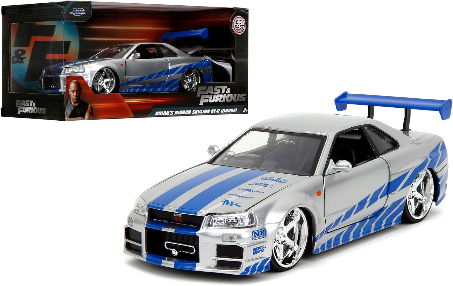 Jada Toys Fast & Furious Brian’s 2002 Nissan Skyline R34 Die-cast Car, 1:24 Scale, Silver & Blue,19808