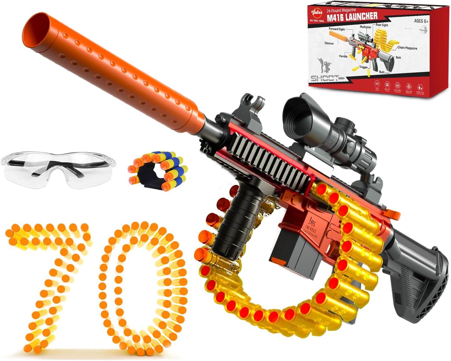 VATOS Foam Blaster Toy Gun for kids with Shell throwing Mode and Chain Mode(24-Darts Clip), Manual Foam Blasters Toy Guns with 70 Darts, Shooting Games Toys Gift for 6-8 Year Old Boys Girls