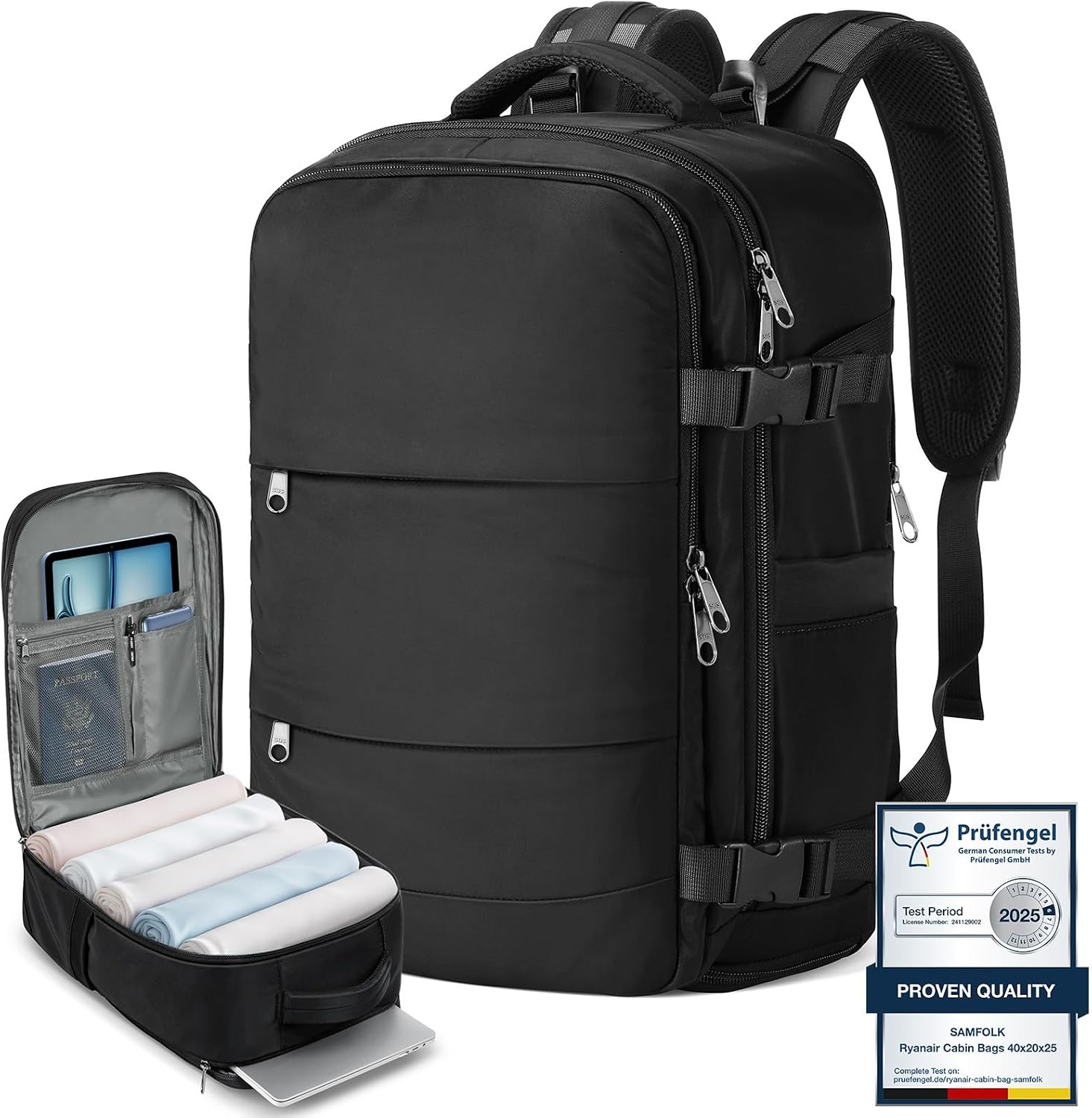 Samfolk Cabin Bags for Ryanair 40x20x25 Underseat Travel Bag 12 Pockets Hand Luggage Bag Cabin Bag with Separate Shoe Pocket for Women & Men Carry on Bag, 20L (black, 40x20x25)