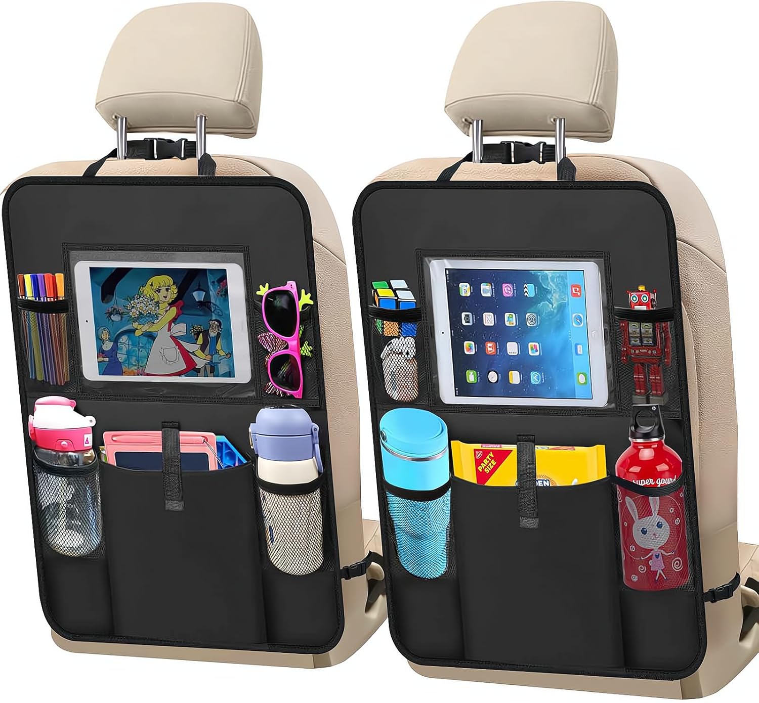 Car Backseat Organizer 2 Pack, Car Seat Back Organizers Storage Kick Mat Seat Protector, Car Seat Back Protectors with Clear 10" Tablet Holder + 5 Storage Pockets Back seat Organizer for Kids