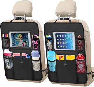 Car Backseat Organizer 2 Pack, Car Seat Back Organizers Storage Kick Mat Seat Protector, Car Seat Back Protectors with Clear 10" Tablet Holder + 5 Storage Pockets Back seat Organizer for Kids
