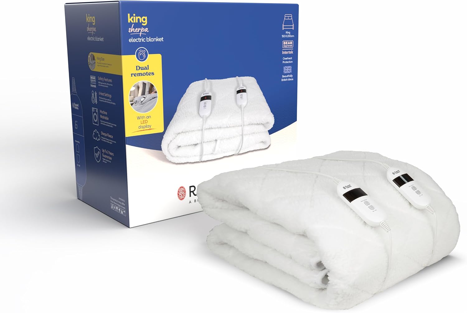 Russell Hobbs Electric Blanket, Sherpa Fleece Heated King Fitted Underblanket, 6 Heat Settings & 10 Hour Auto Shut Off, Energy Efficient, Machine Washable, 2x Remote, 150 X 200 cm, 120W, RHEDB8002
