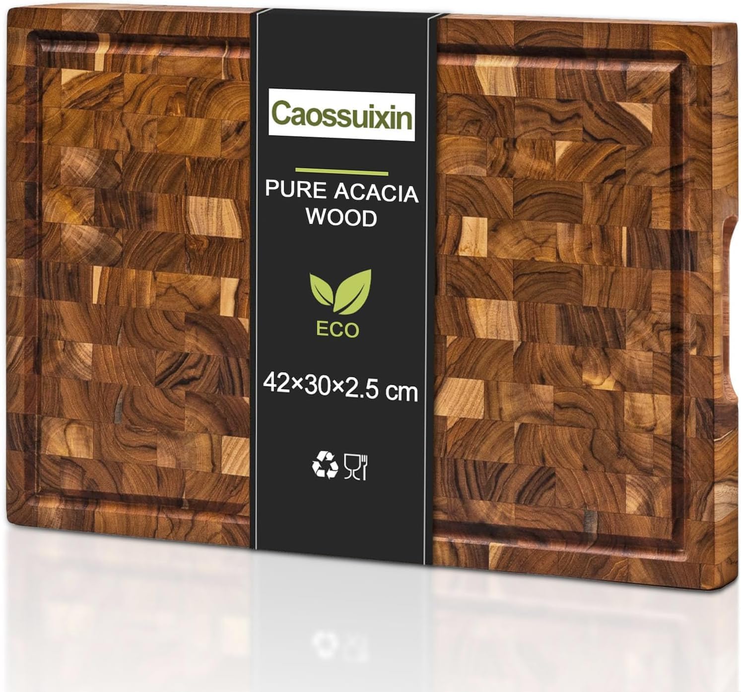 Caossuixin Large Thick End Grain Acacia Wooden Chopping Board with Juice Groove(16" L x 12" W x 1" T), Epicurean Chopping Board with Non-Slip Feet, Wood Cutting Board(42 * 30 * 2.5cm)