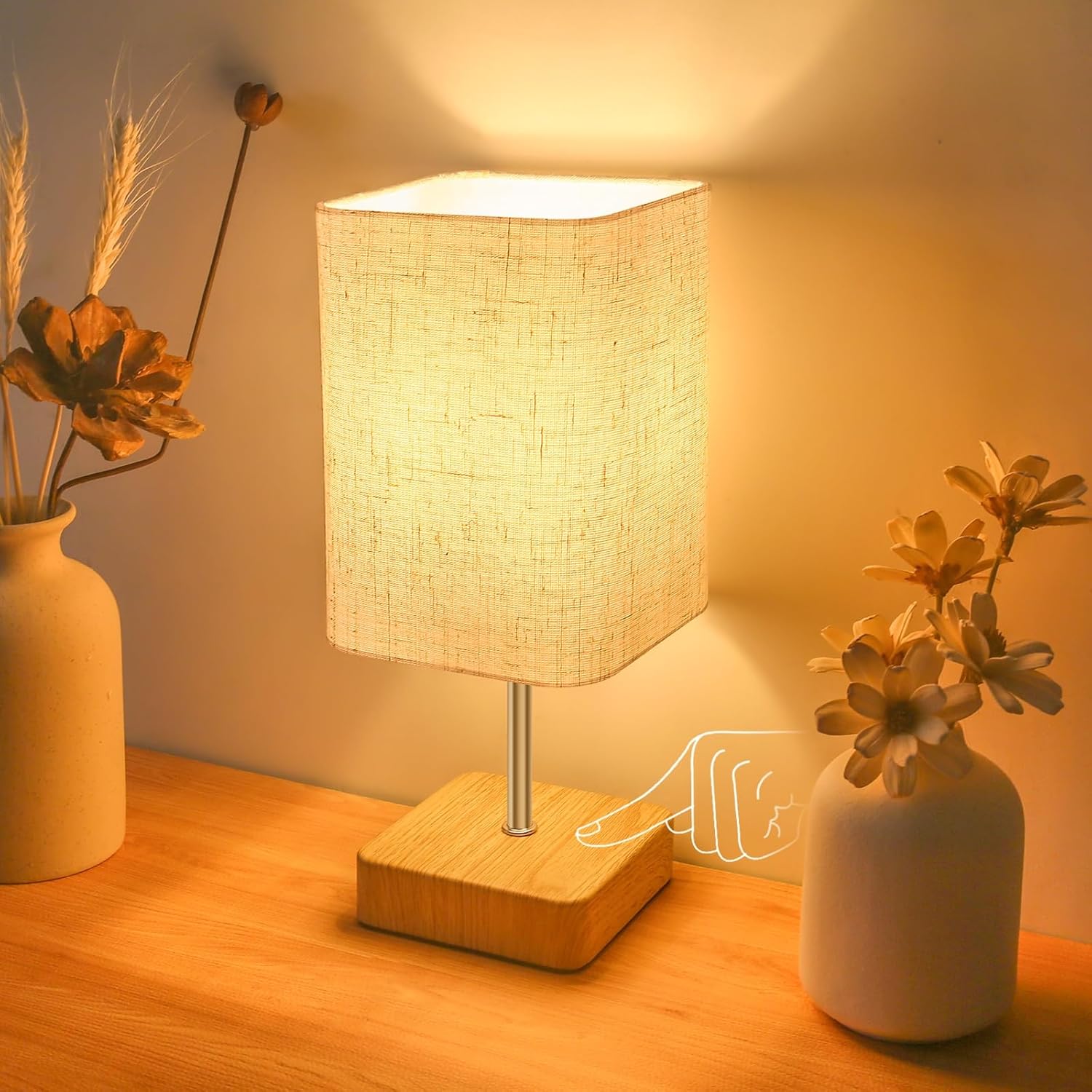Jayencer Touch Control Table Lamp,Dimmable Touch Control Nightstand Lamp,Bedside Touch Lamp with Wood-Grain Base & Beige Fabric Shade for Bedroom Living Room Children's Room,Bulb Included