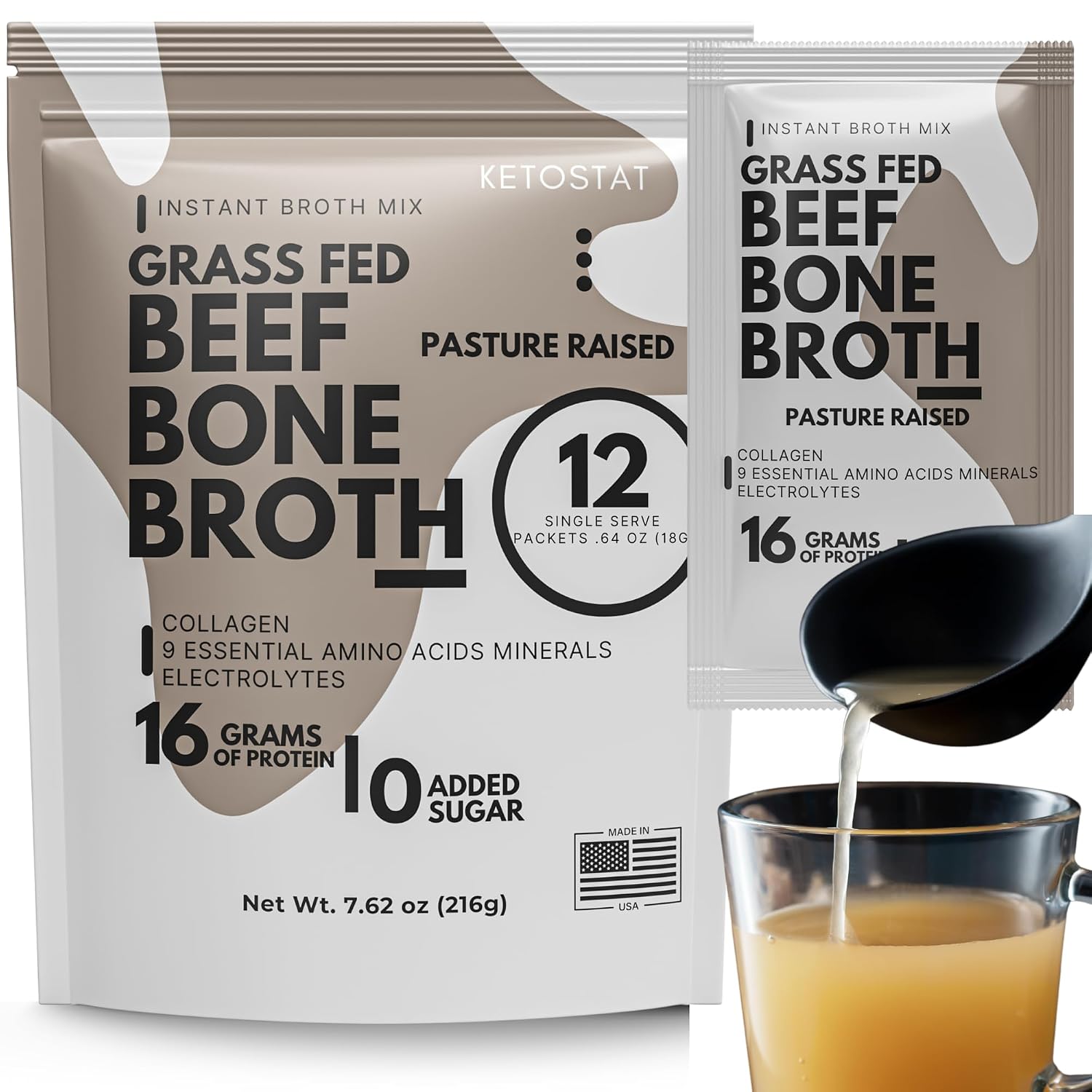 Ketostat Bone Broth Packets Grass-Fed Beef 18g Protein Powder 12 Ct.