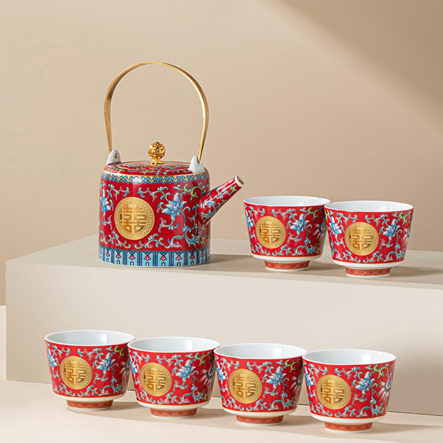 Chinese Tea Gift Set Service Porcelain Wedding Tea Set, Kungfu Tea Set, Enamel Color Change Household Wedding Gift To The New High-end 1 Tea Pot 6 Cups 1 Gift box
