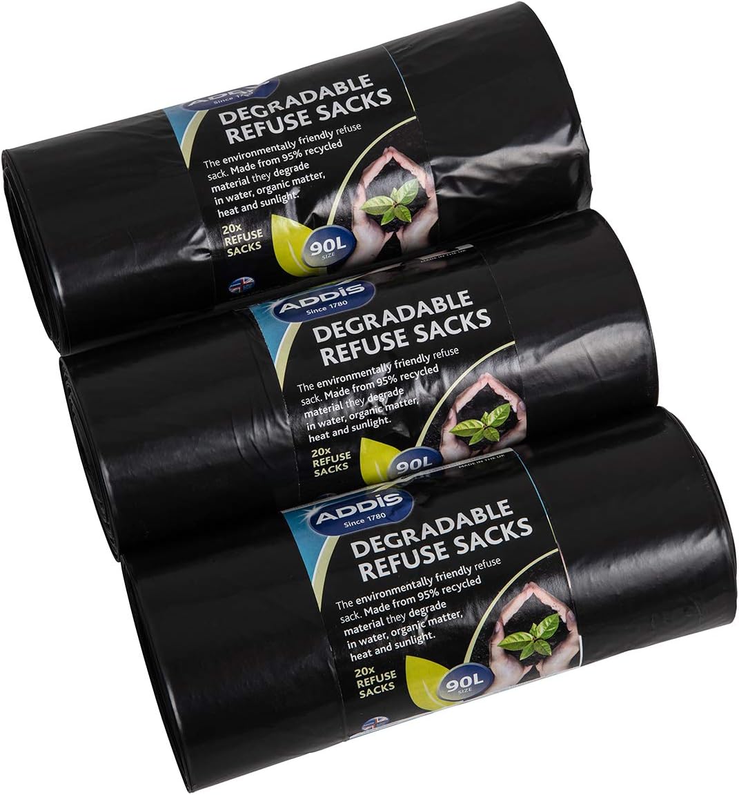Addis 90 Litre Degradable Refuse Waste Trash Bin Bags Made from Recycled Material, Bulk 3X 20 Roll Packs, Total 60 Liners, Black, 3