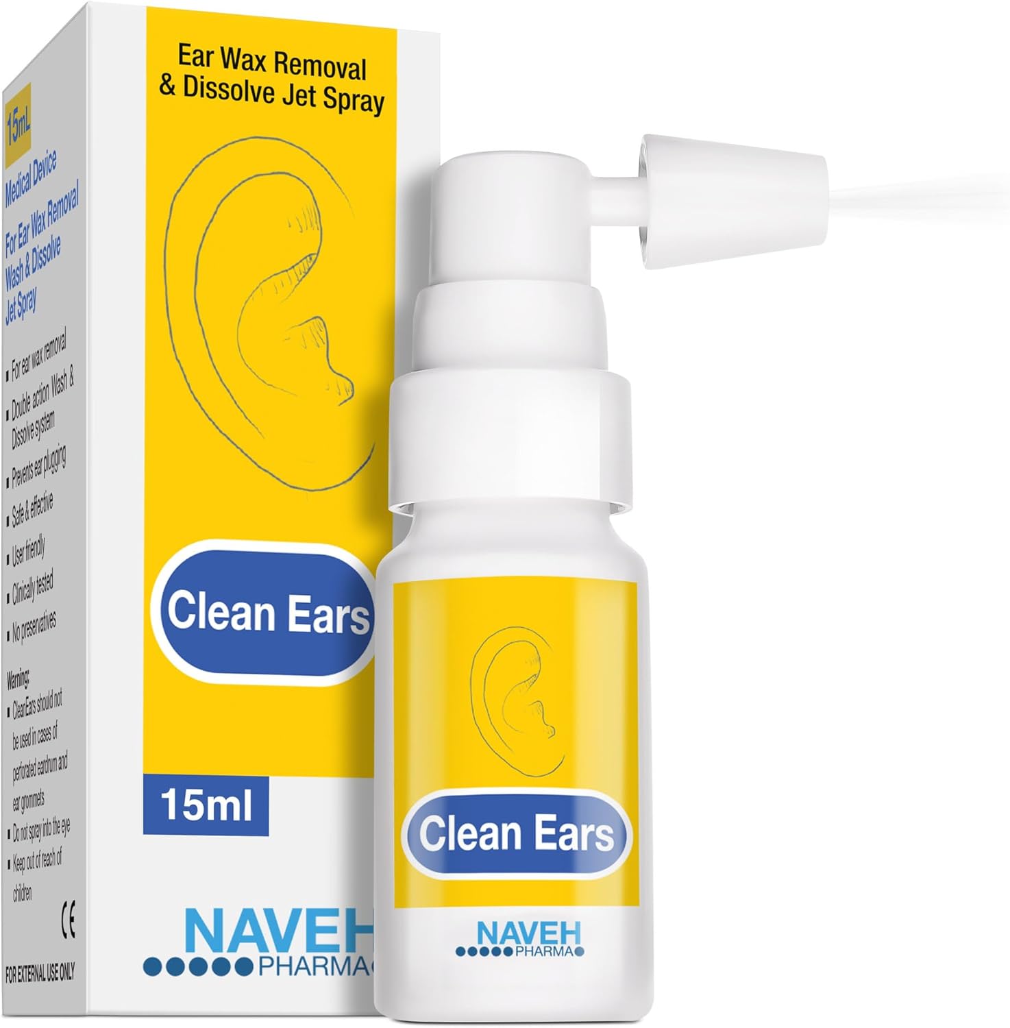 NAVEH PHARMA CleanEars | Fast-Acting Ear Wax Removal Spary | Breaks Down & Dissolves Earwax in Just 1 Treatment | Clinically Proven to Be 300% More Effective W/Mineral Oil | Gentle & Safe | 15ML