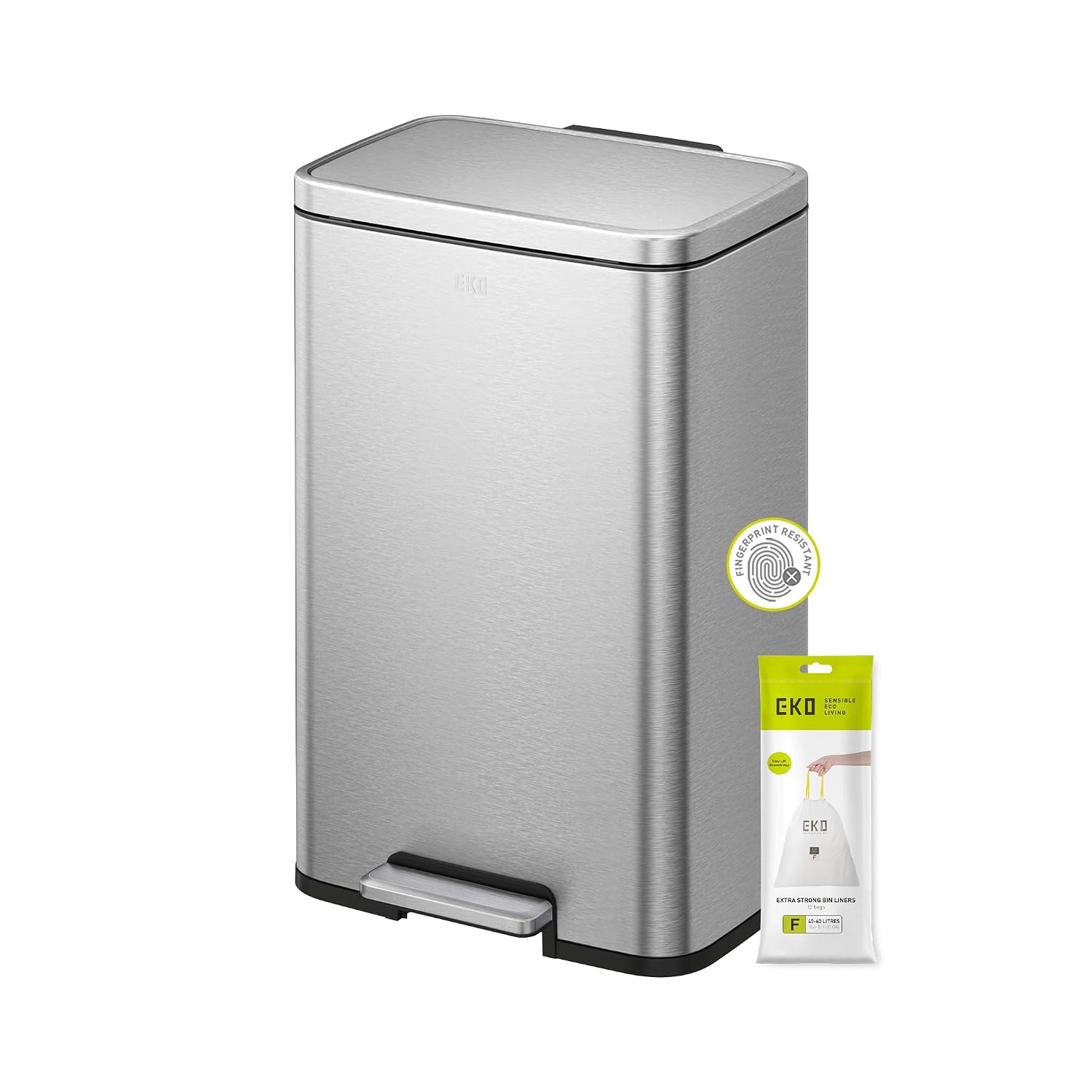 EKO Madison 50L Kitchen Pedal Bin, Soft Close & Stay-Open Lid, Removable Inner Bucket, Fingerprint-Resistant Matt Stainless Steel Rubbish Bin for Kitchen, Household Use, Office