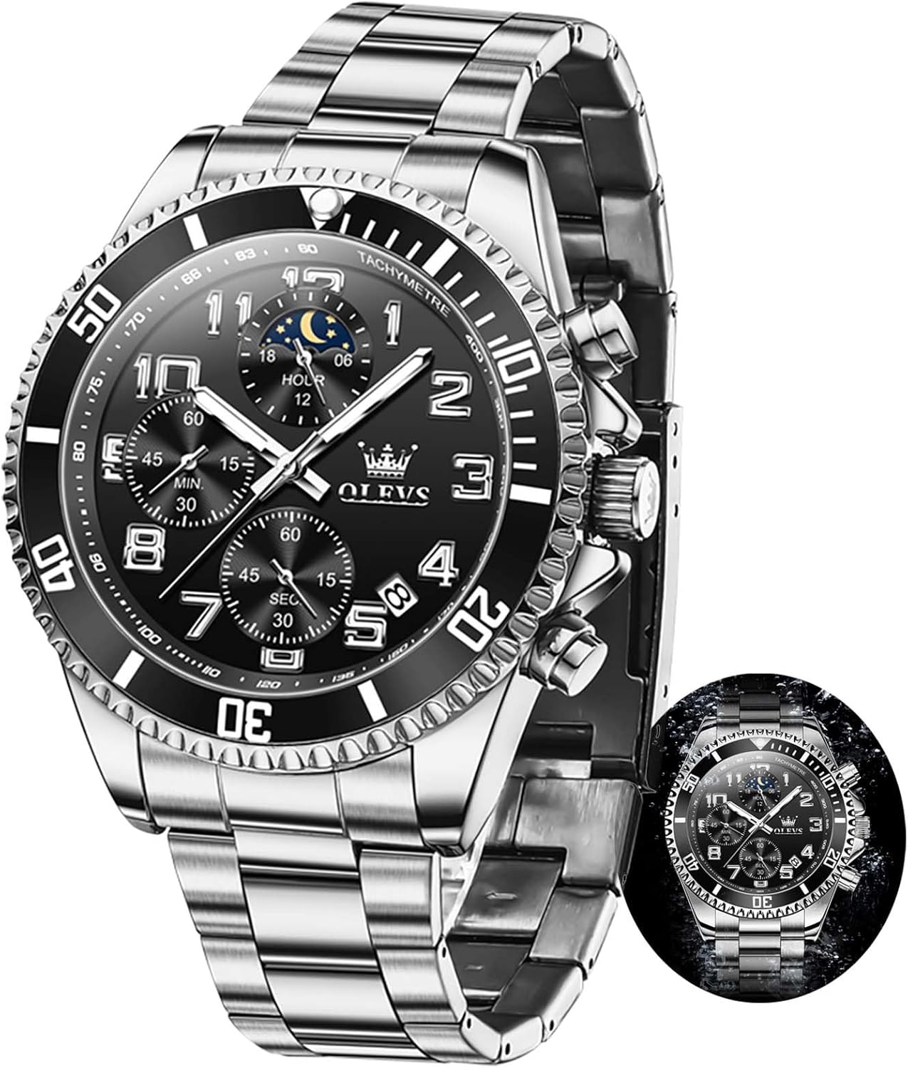 OLEVS Mens Watches Chronograph Watch Luxury Dress Stainless Steel Waterproof Watches for Men Moon Phase Luminous Business Calendar Wrist Watch Blue/Black/Green/Gold/Face