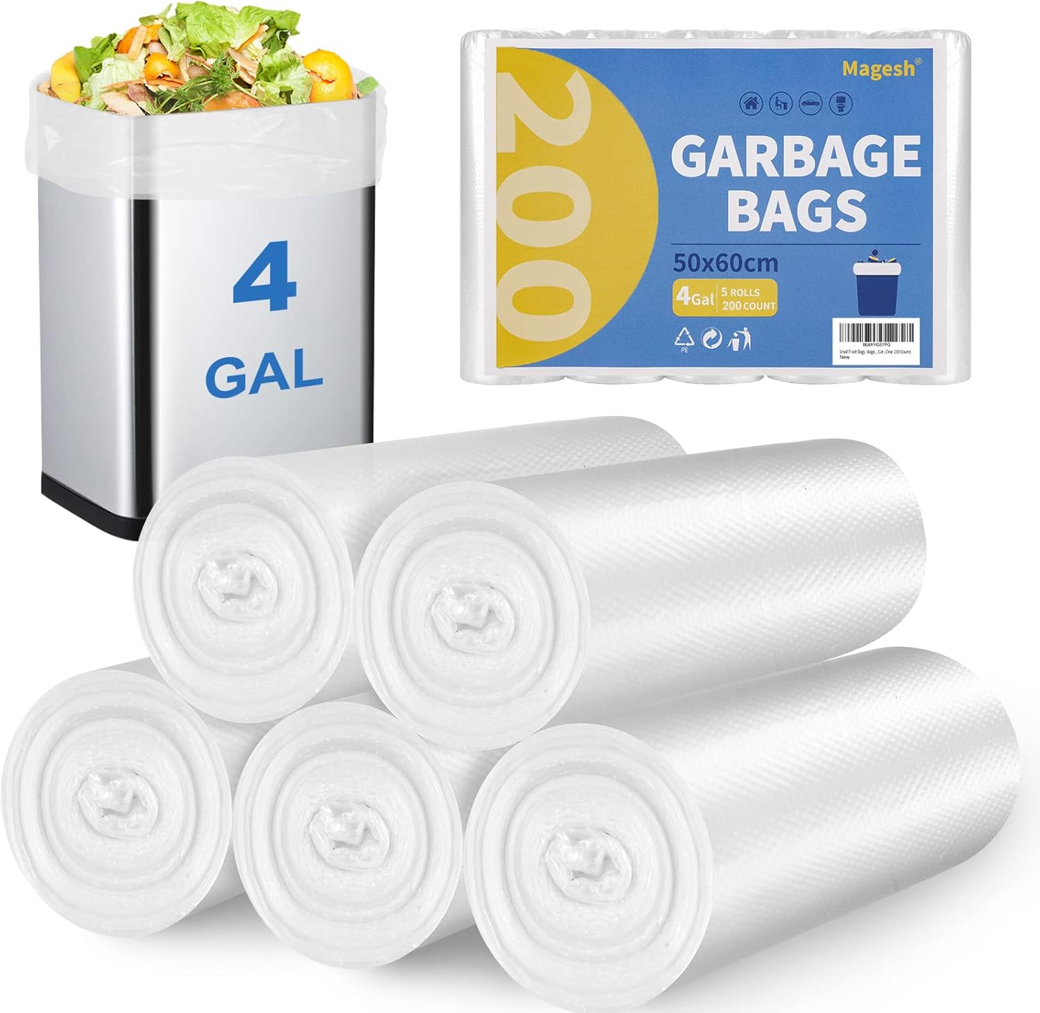 Small Trash Bags, Magesh 4 Gallon Trash Bag/Small Garbage Bags, Strong Wastebasket Liners for Bathroom Bedroom Office Trash Can, Clear 200 Counts