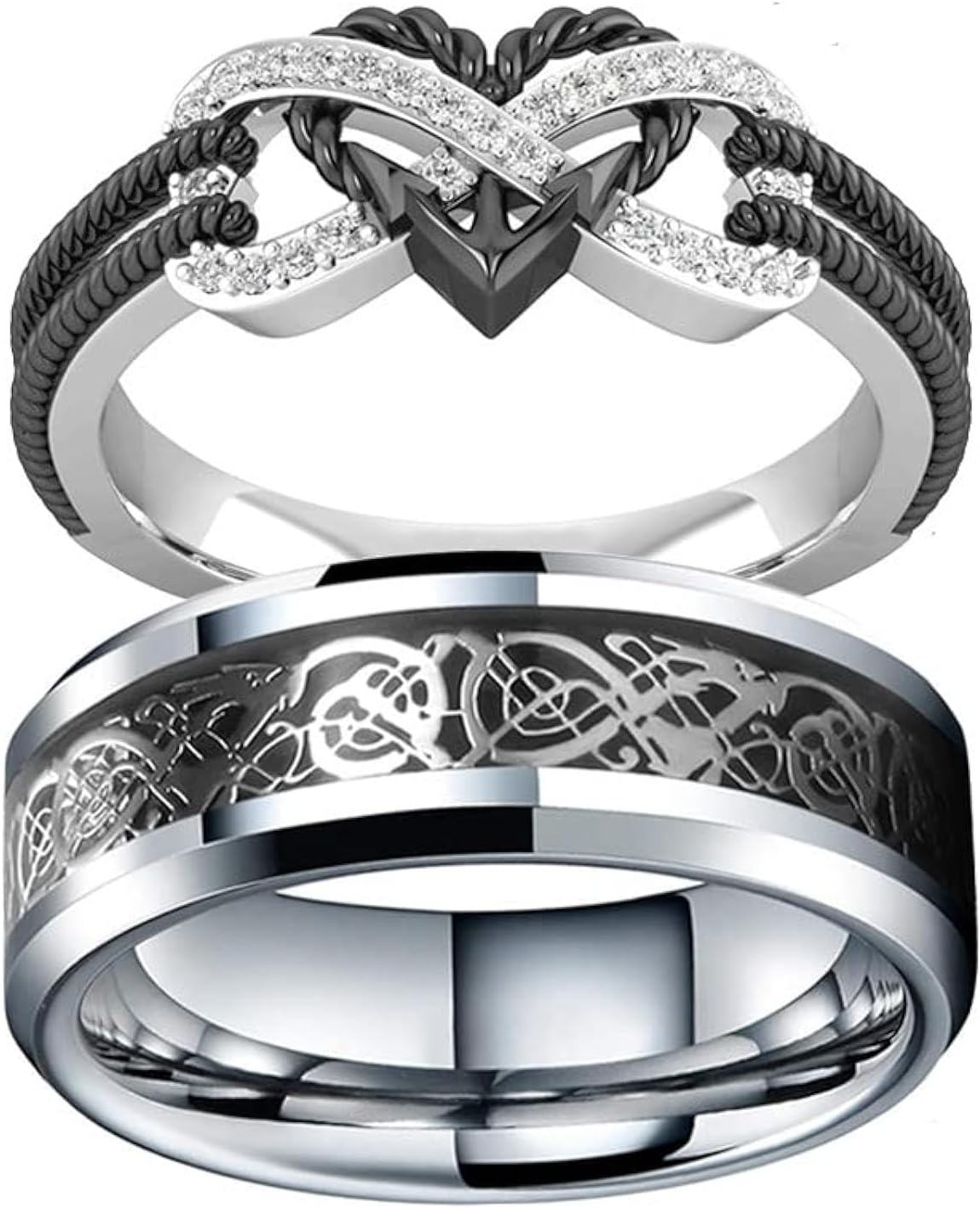 Meilord Infinite Love Heart Shaped Ring Set for Her and Him Silver Celtic Dragon Ring Matching Lover Couple Rings for Wedding Bands Anniversary Engagement Promise Rings Bridal Sets