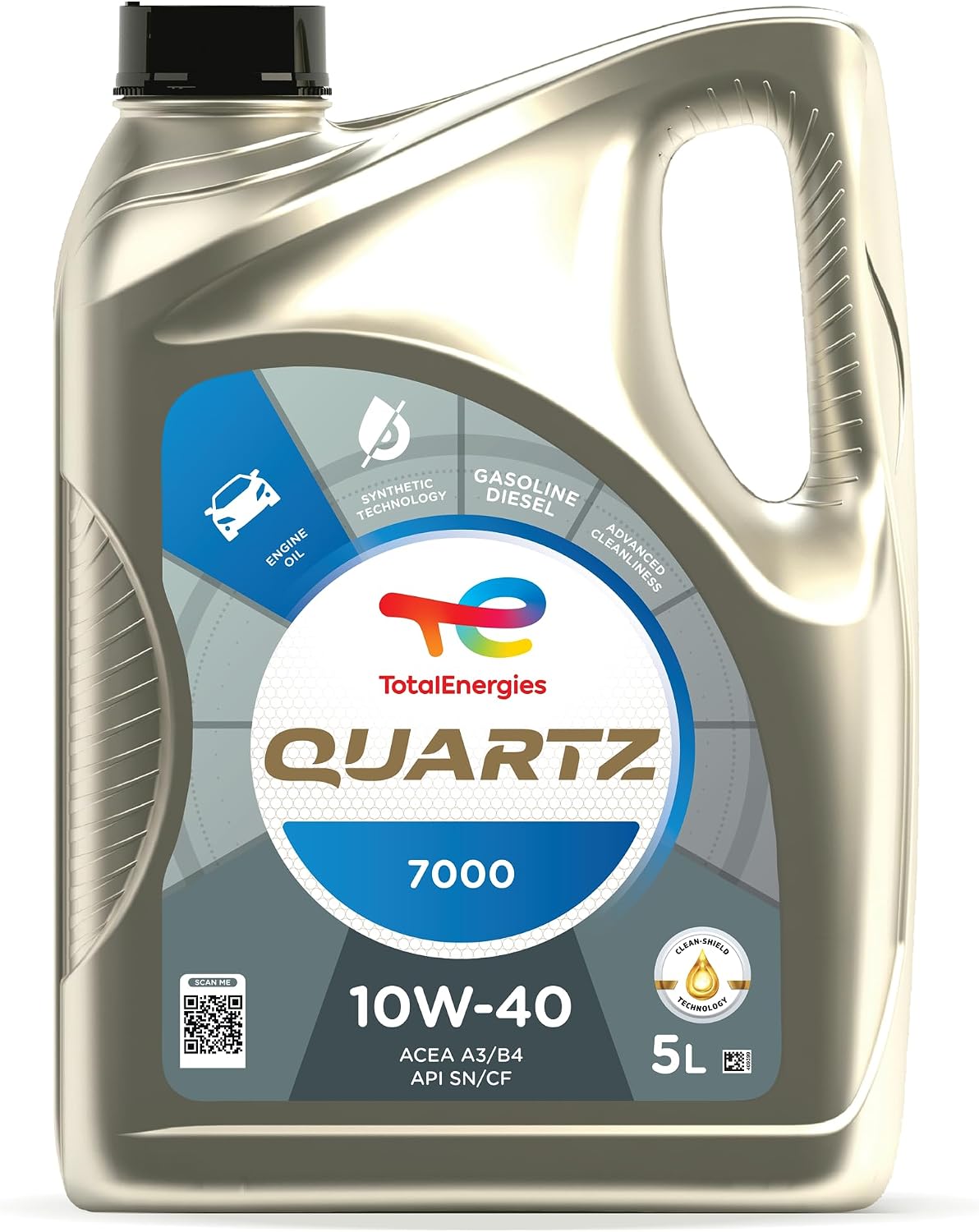 TotalEnergies Quartz 7000 10W40 Engine Oil - ACEA A3/B4, API SN/CF - Approved by PSA B71 22300, RENAULT RN0700/RN0710, VW 501.01/505.00 - Synthetic Based Motor Oil Lubricant - 5L