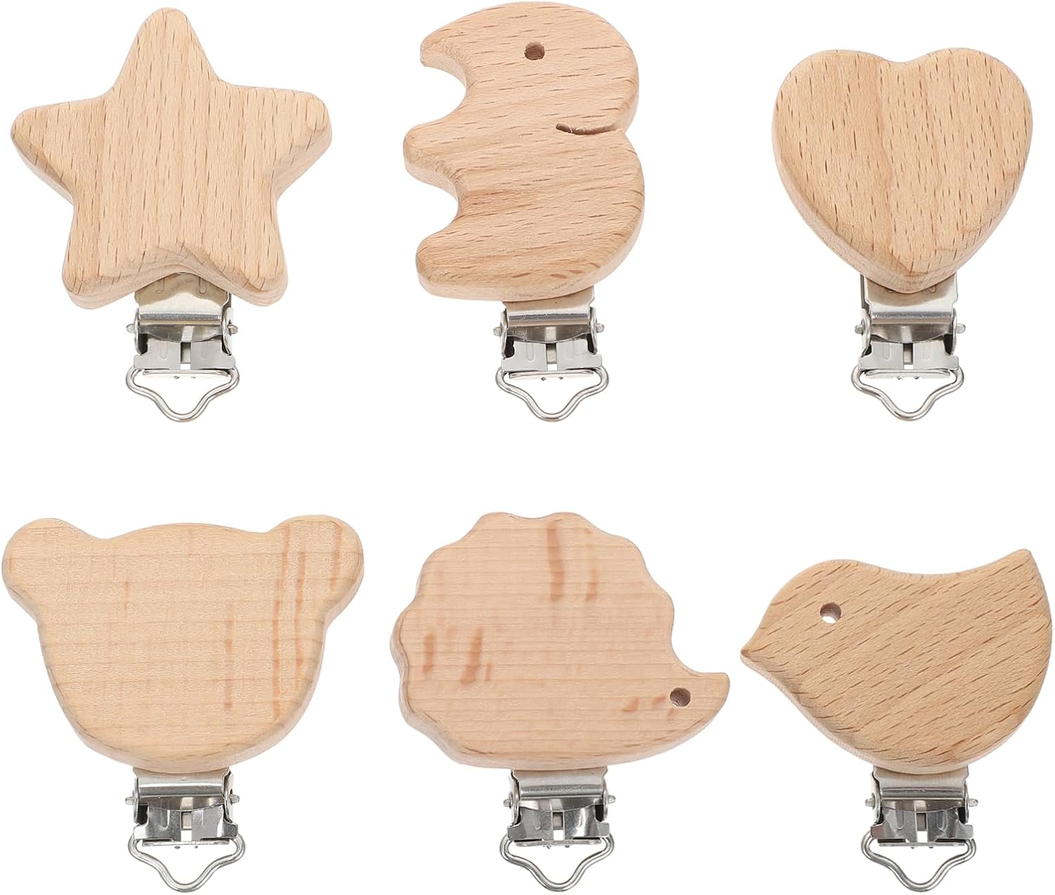 Garneck 6Pcs Natural Wood Suspender Pacifier Clips Cute Beech Wooden Animal Shape Clips Charm DIY Beading Pacifier Chain Accessory (Mixed Style)