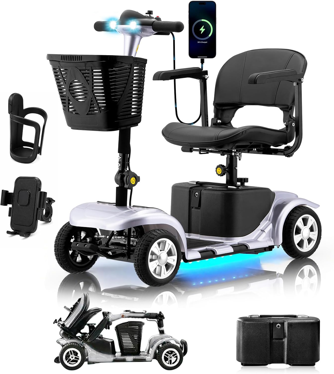 Mobility Scooter for Adults, Senior, 4 Wheels Electric Powered Chargeable Device for Travel, Lightweight Mobility Scooter with LED Headlights and Basket, Charger Included (Silver/Black)