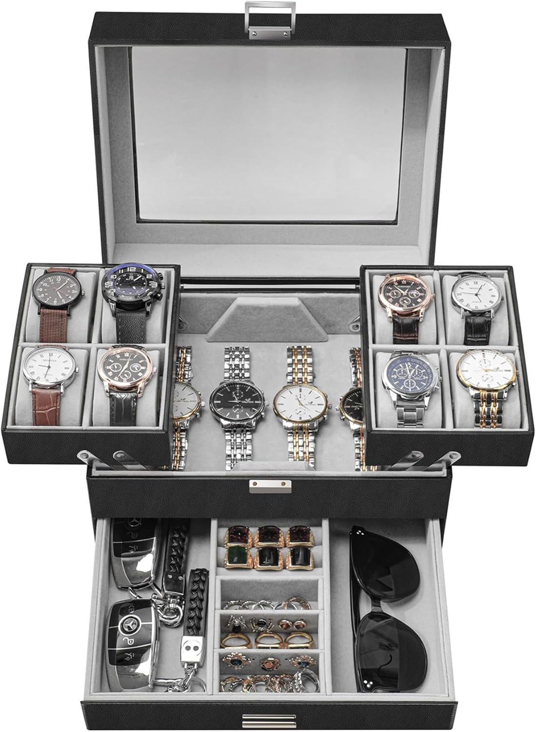 Dajasan Watch Box, Watch Case for Men, 8 Slot Watch Display Case, 3 Layers Large Sunglass Storage Organizer for Watch, Ring, Jewelry, Gift Idea, PU Leather (Black)