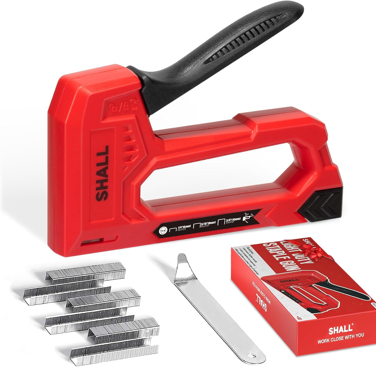 SHALL Light Duty Staple Gun for Wood - Red Upholstery Staple Gun with 1600pcs JT21 Staples 1/4, 5/16, 3/8 inch and Staple Remover - Fabric Stapler Gun for Crafts, DIY, Decoration