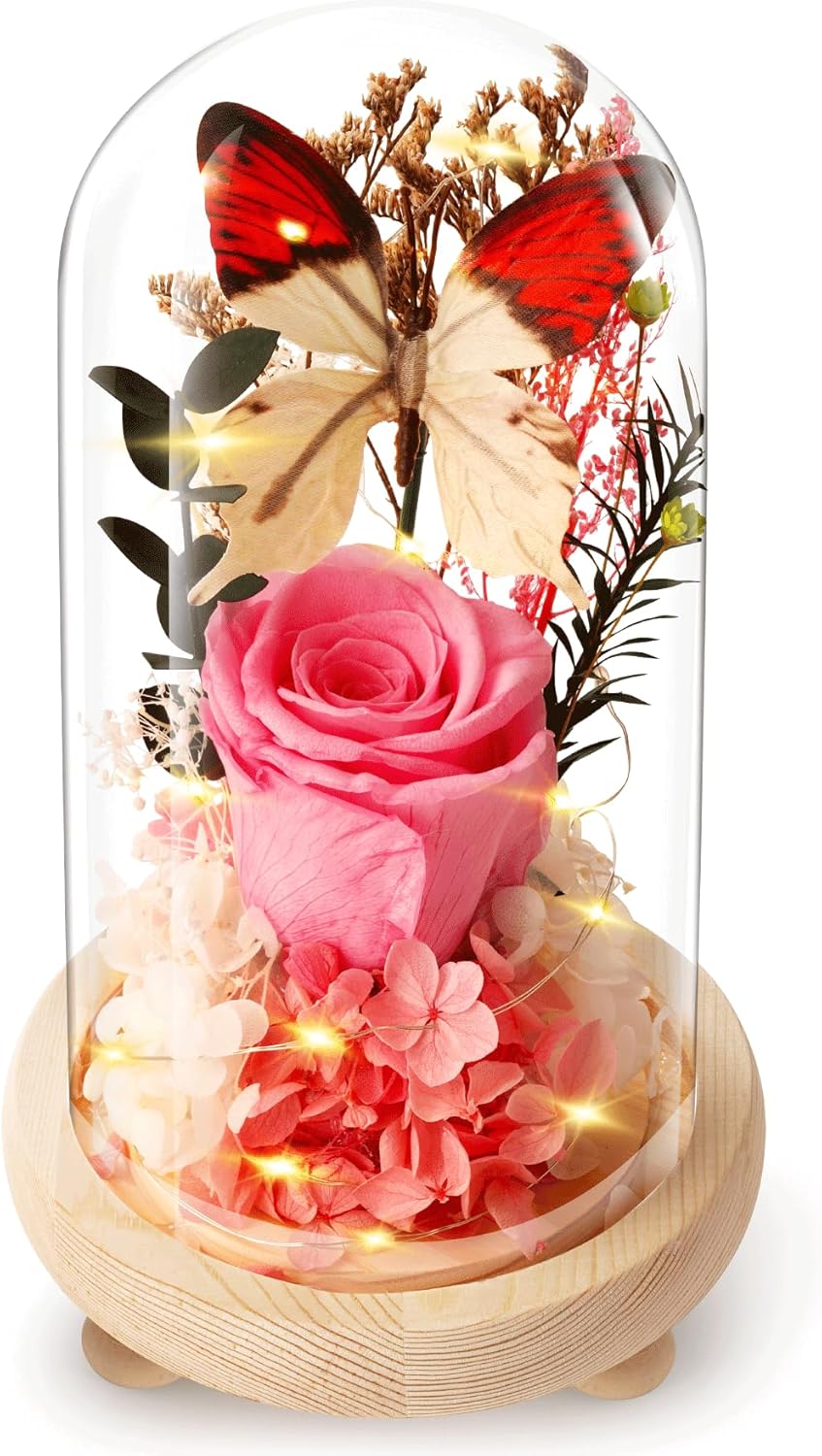 Forever Flowers Preserved Roses Prime Delivery, Gifts with Light in Glass Dome for Mom Grandma Wife Girlfriend, Pink Flower for Christmas, Valentine's Day, Anniversary.Birthday