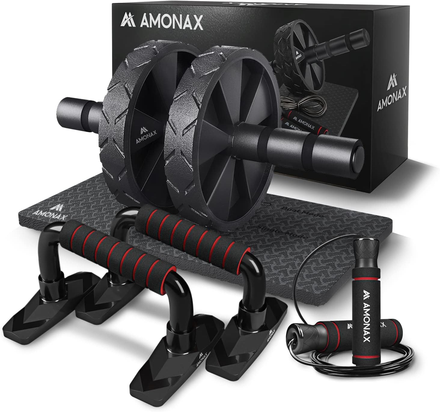 Amonax Convertible Ab Wheel Roller with Large Knee Mat for Core Abs Rollout Exercise, Double Wheel Set with Dual Fitness Strength Training Modes at Gym or Home