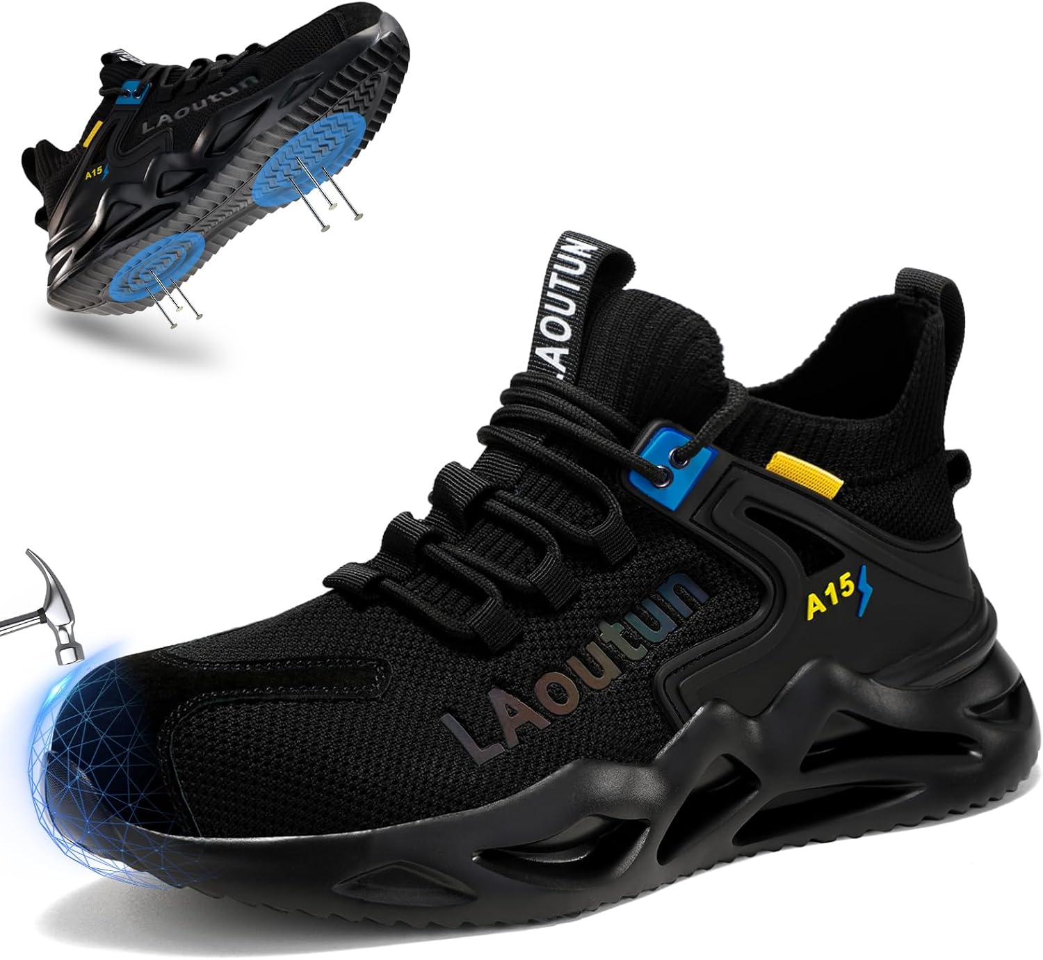 LAoutun Men's Steel Toe Work Shoes, Puncture-Resistant Mid-Top, Black | Breathable upper, cushioned sole, added ankle coverage for long shifts in warehouses, factories , workshops