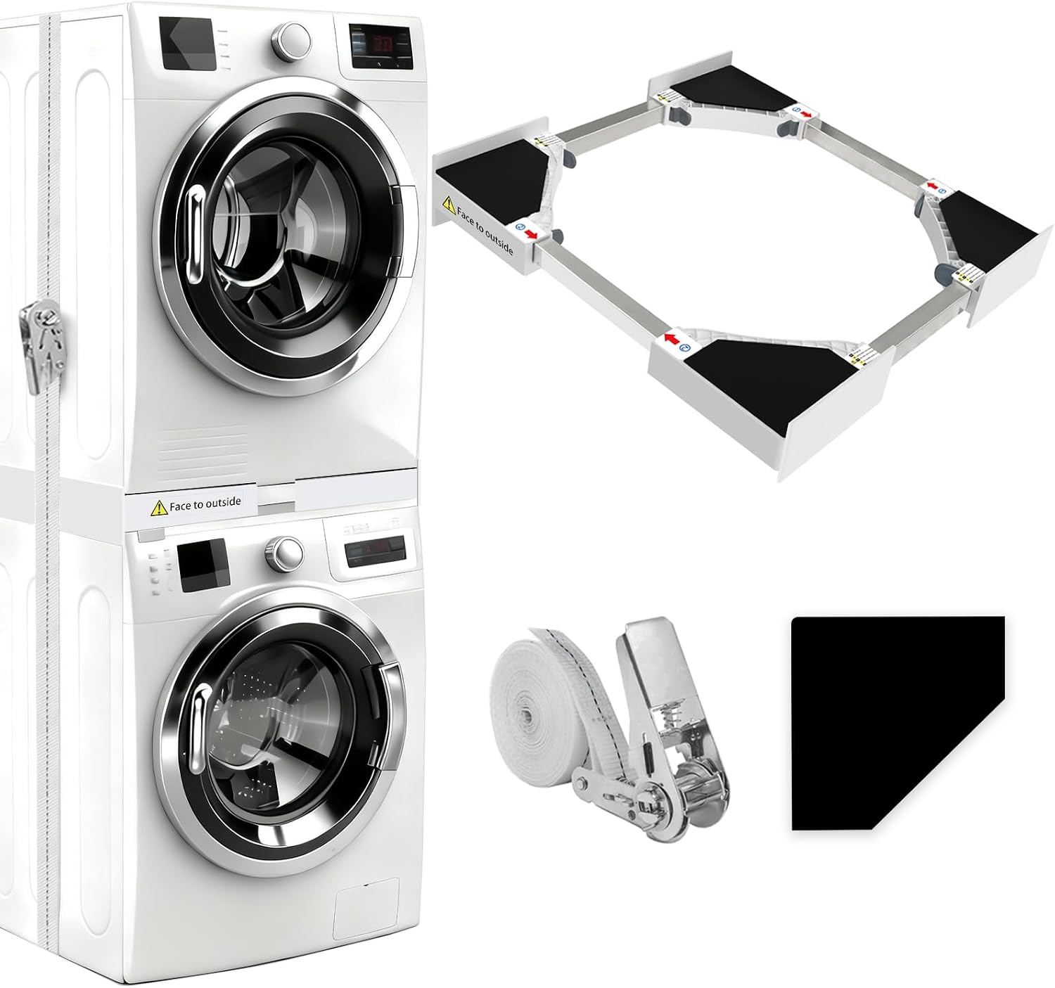 NIUXX Universal Washer Stacking Kit: Washing Machine Dryer Stacking Shelf | Adjustable Stacking Frame for 46-66cm Washing Machine - No Drill Tumble Dryer Stacker with Ratchet Stap & Anti-Vibration Pads
