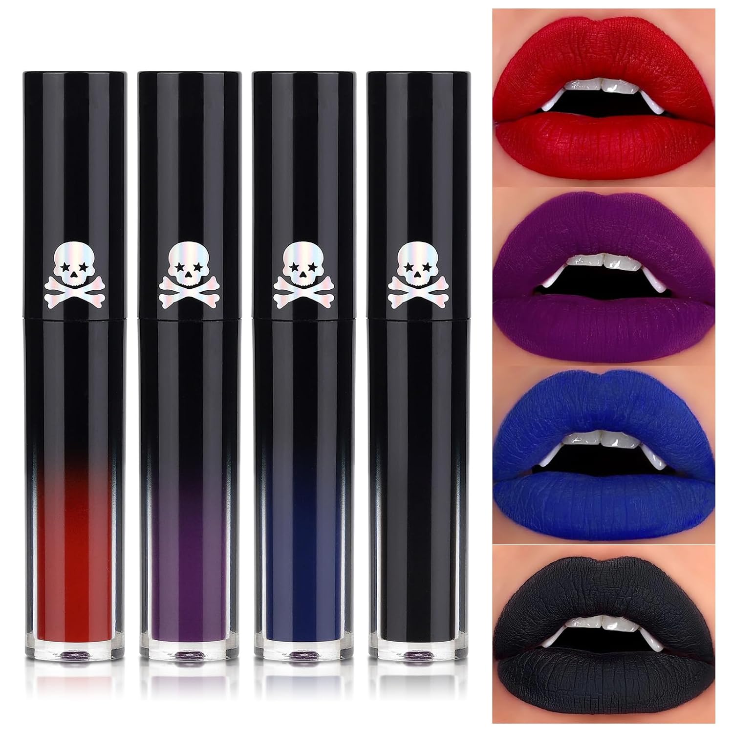 QiBest 4pcs Matte Liquid Lipstick Makeup Sets, High Pigmented Dark Black Blue Purple Red Lip Gloss Set, Waterproof Smudge-proof Lip Stain Kit for Halloween Cosplay Goth Costume Makeup