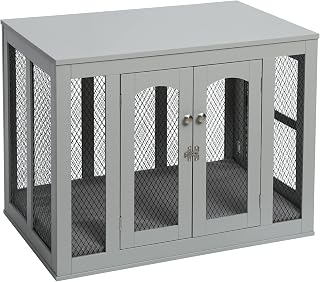 Scurrty 38.5 Inch Wooden Dog Crate Large Dog Crate Furniture with Double Doors, Dog Kennel Indoor Use with Cushion, XL Large Medium Small Dog Cage (Grey-L)