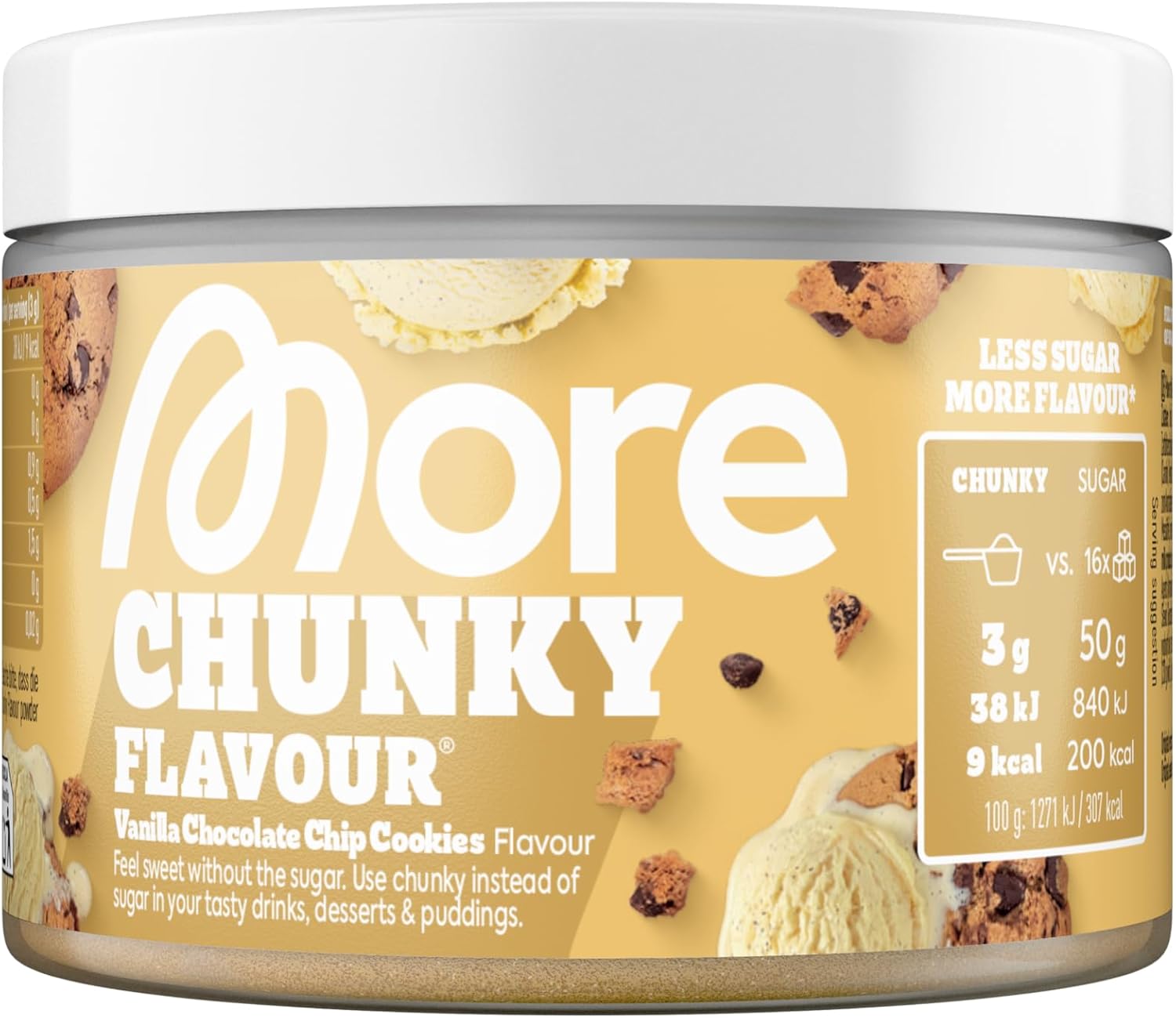 MORE Chunky Flavour, Vanilla Chocolate Chip Cookies, 150 g | flavour powder for sweetening, low in sugar and calories, with inulin and lactase, made in Germany