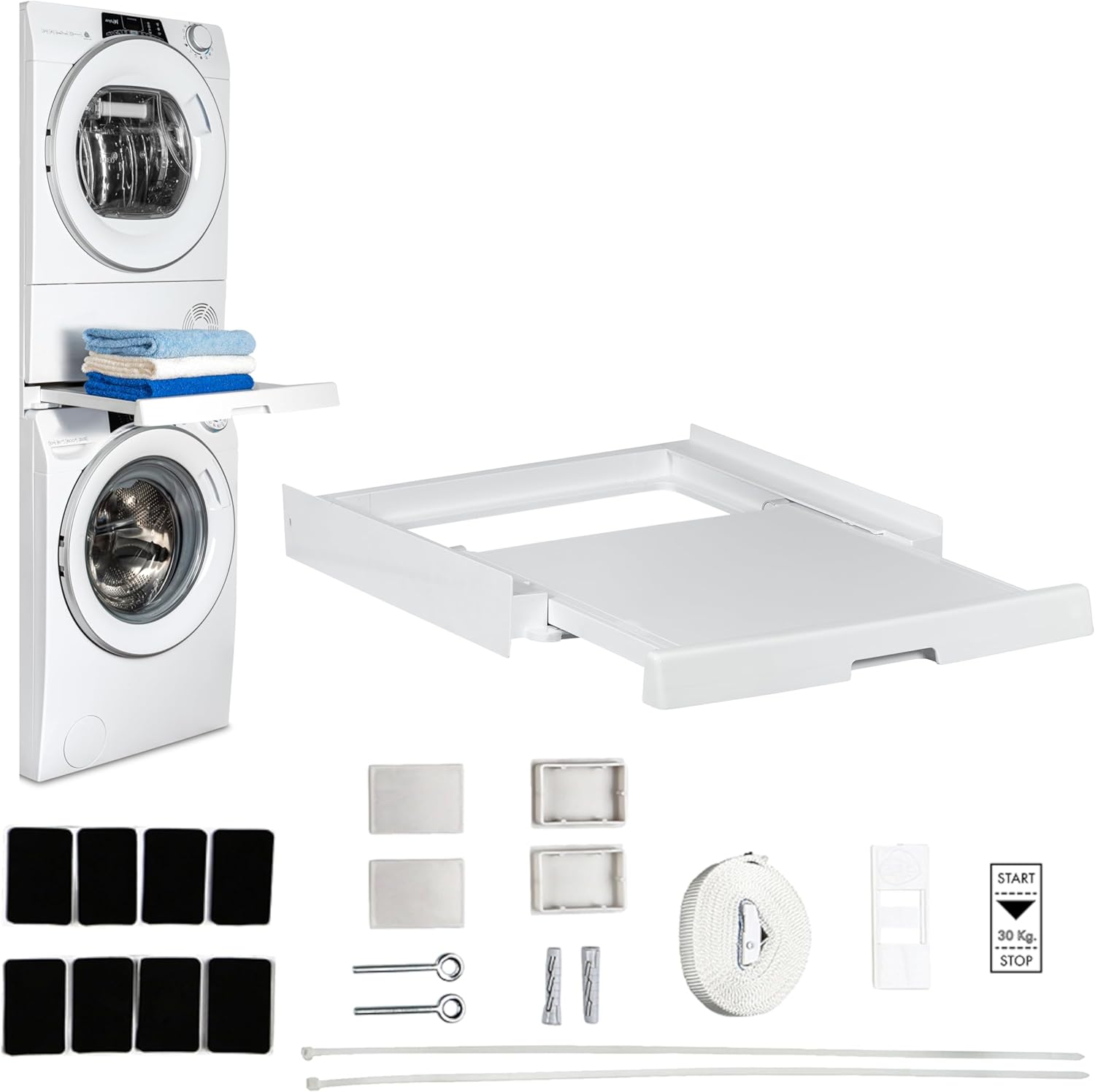 Care+Protect Univeral Stacking Kit with Sliding Shelf for Washing Machines and Dryers - Suitable for Washing Machines with Depth 47-62cm - Squared Control Panel Front - Dryer with Depth 58cm