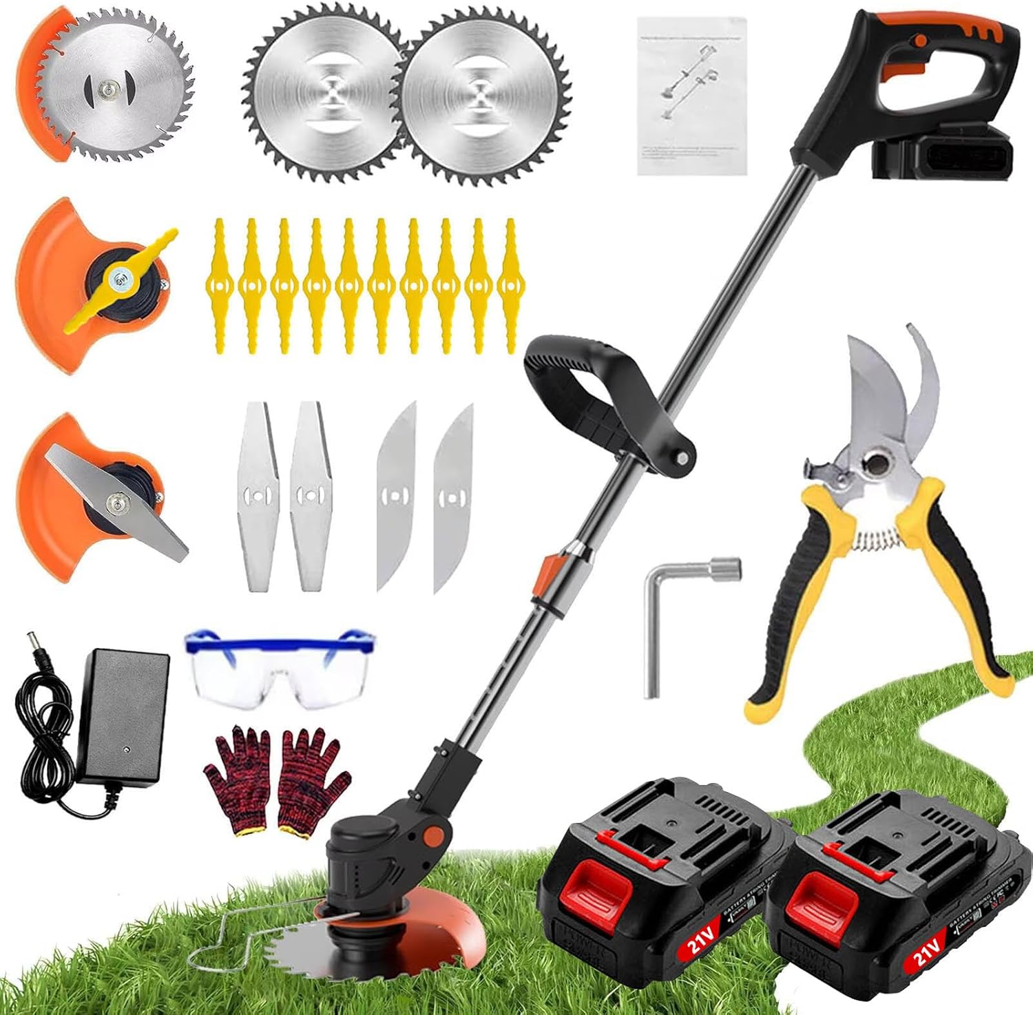 Strimmer, Cordless Garden Strimmer with Blades, Grass Trimmer 90° Head Adjustment, Electric Strimmer with 2 X 21V Battery and UK Charger, Brush Cutter is Suitable for Small and Medium Gardens