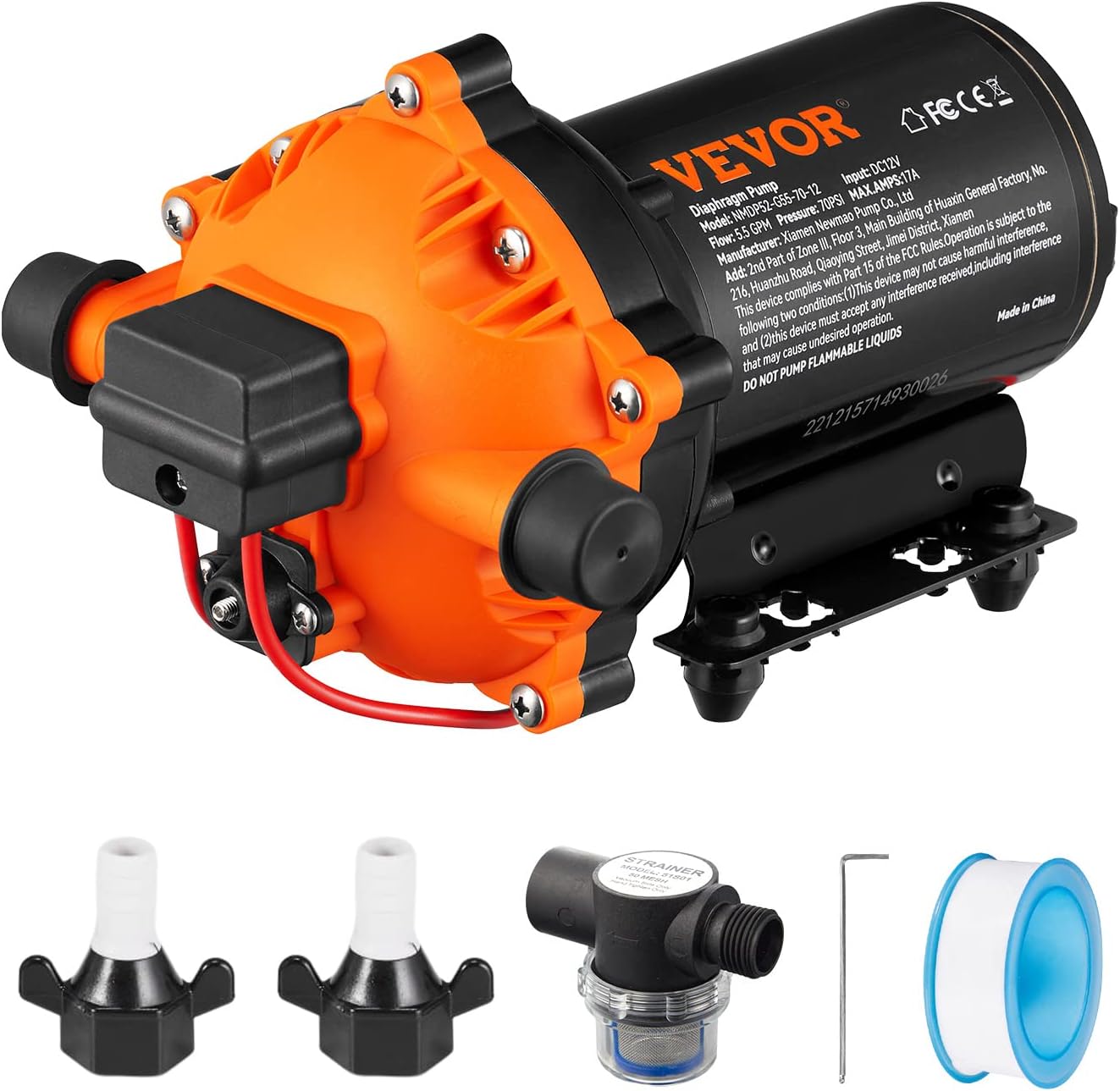 VEVOR Water Diaphragm Pump, 12V DC, 5.5 GPM Flow, 70 PSI Rated Pressure (40-100 PSI Adjustable), 1/2" MNPT Self Priming Sprayer Pump with Pressure Switch for Car Washing, Agricultural Irrigation