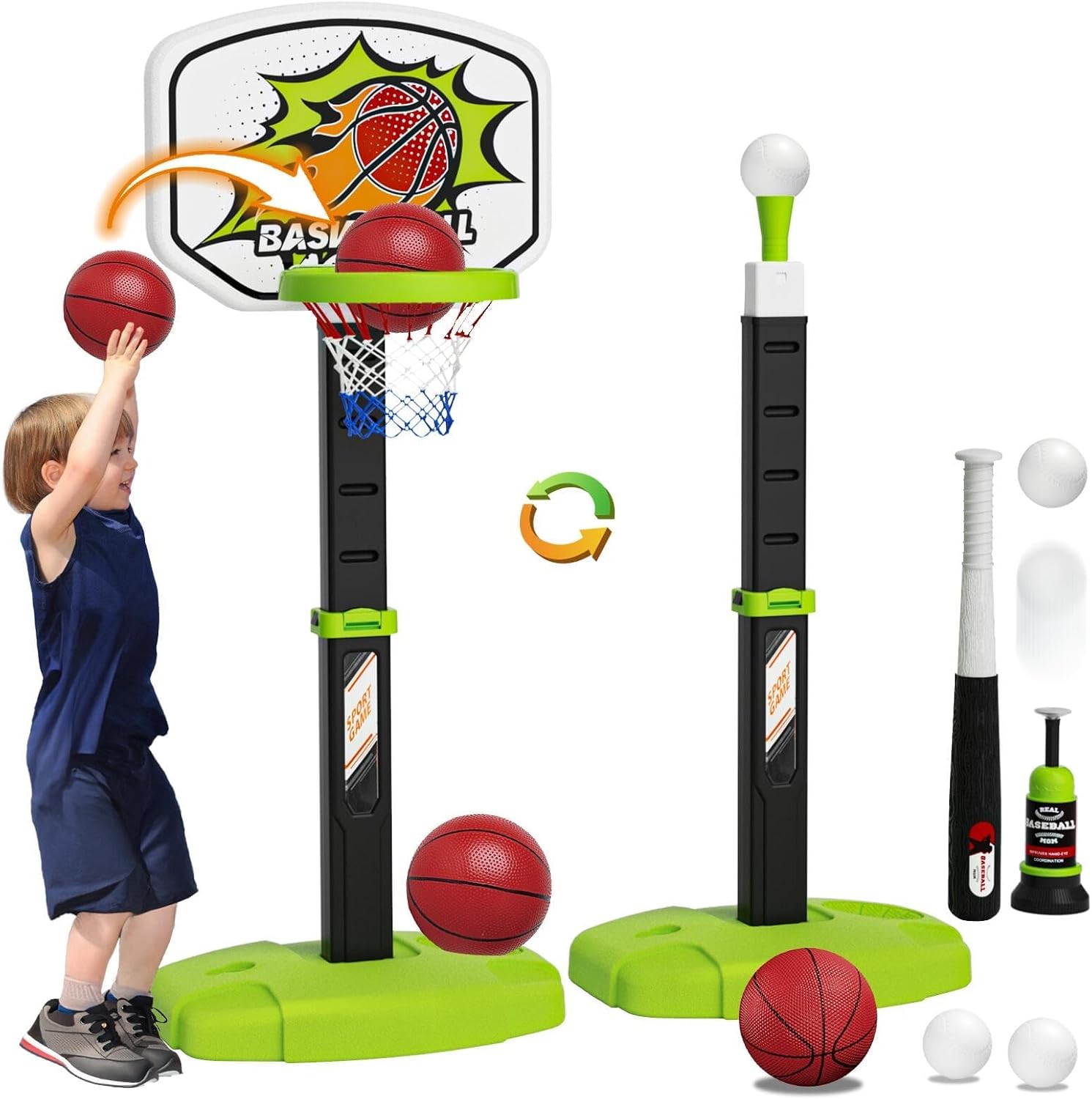 3-in-1 Toddler & Kids Basketball Hoop & T-Ball Set with Automatic Pitching - Adjustable Height, Indoor/Outdoor Sports Toys for Ages 2 3 4 5 6, Birthday