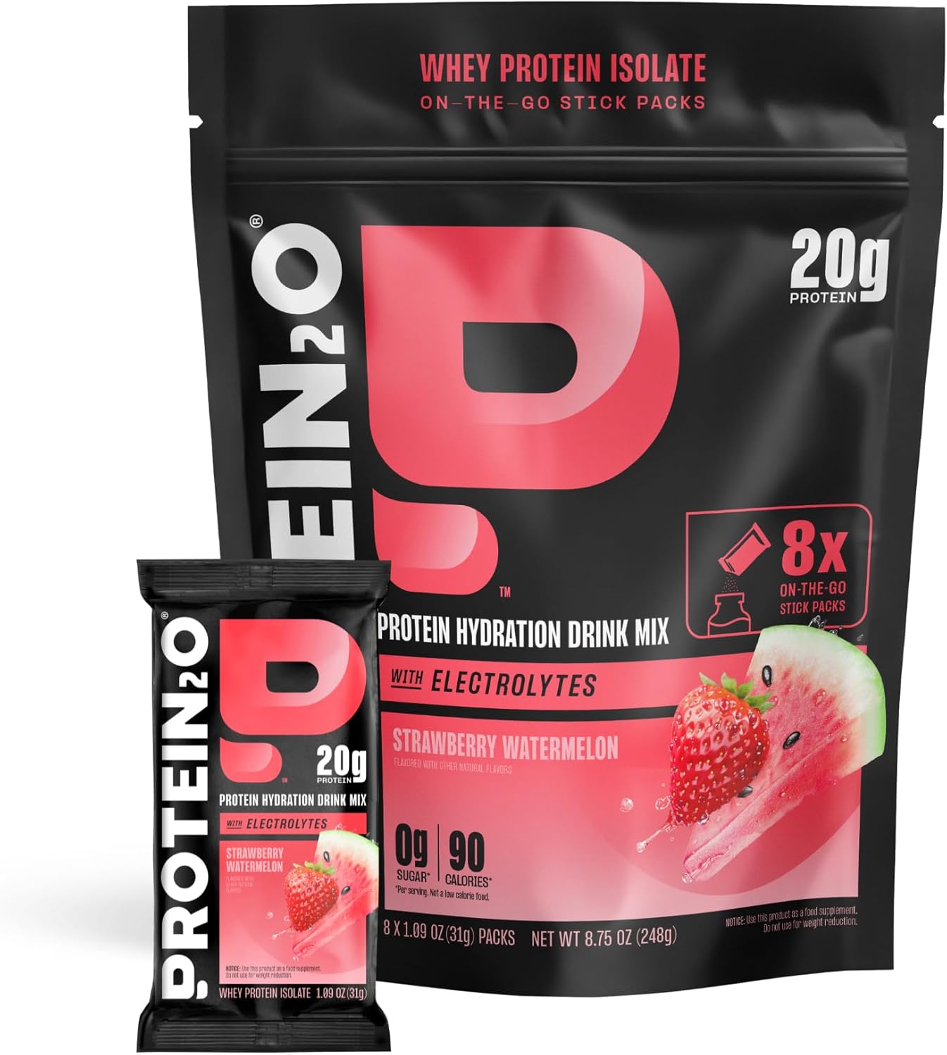 Protein2o 20g Whey Protein Isolate Clear Protein Powder, 360mg of Electrolytes, Vitamins B5 & B6, Sugar Free, Strawberry Watermelon, 8-Pack