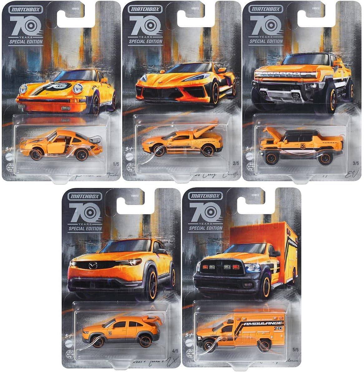 Matchbox 2023 70th Anniversary Special Edition Moving Parts Complete Set of 5 Diecast Vehicles from HMV12-956A Release, Orange