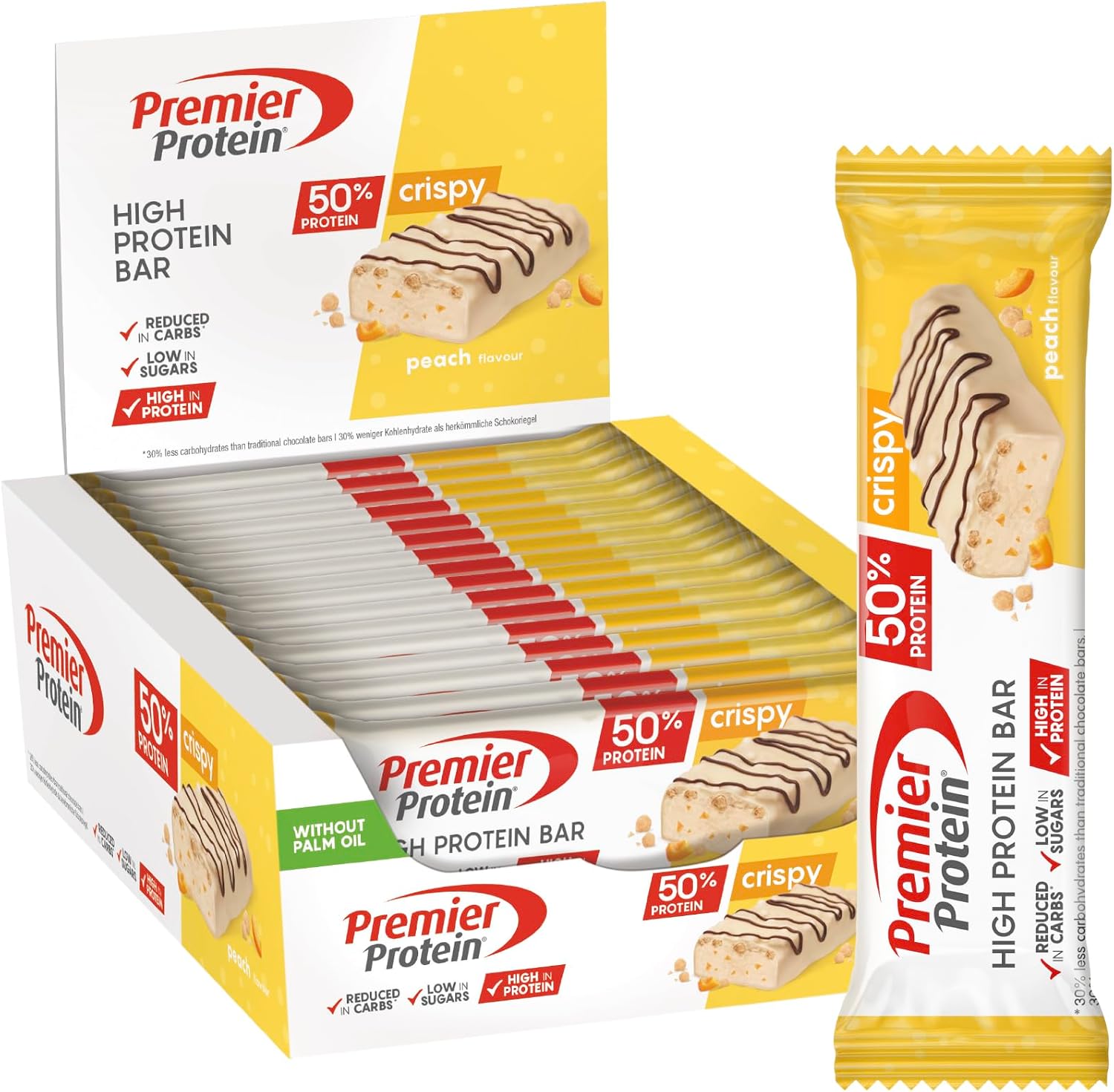 Premier Protein High Protein Bar Crispy Peach 16x40g - High Protein Low Sugar + Palm Oil Free