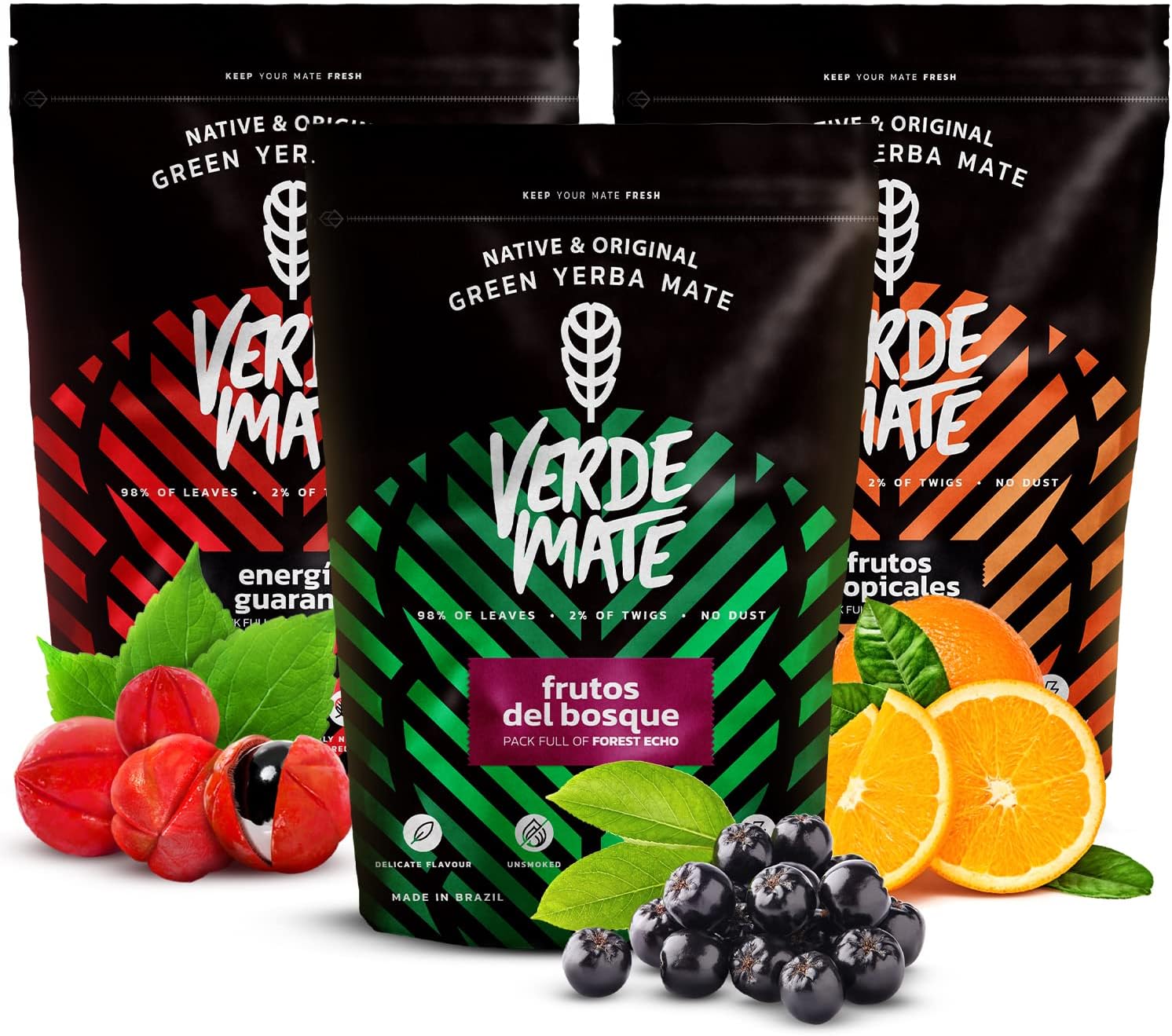 Verde Mate Green Fruity Yerba Mate Tea Set 3 x 500g - Energia, Frutos Tropicales, Frutos del Bosque, Brazilian