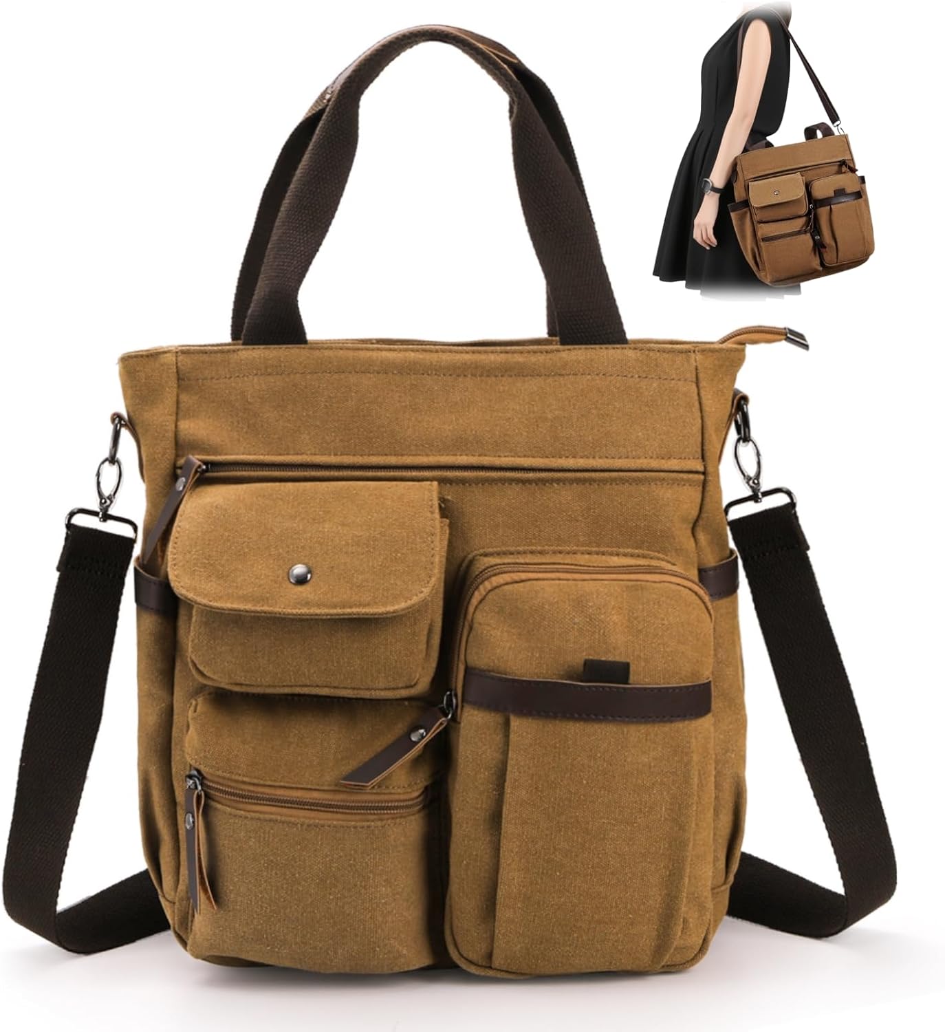 Women Canvas Satchel Handbag, Multi-pocket Shoulder Bag for Men, Everything Tote Crossbody Bag, Hobo Purse, Top Handle Handbag for Men, Travel, Gym, Office