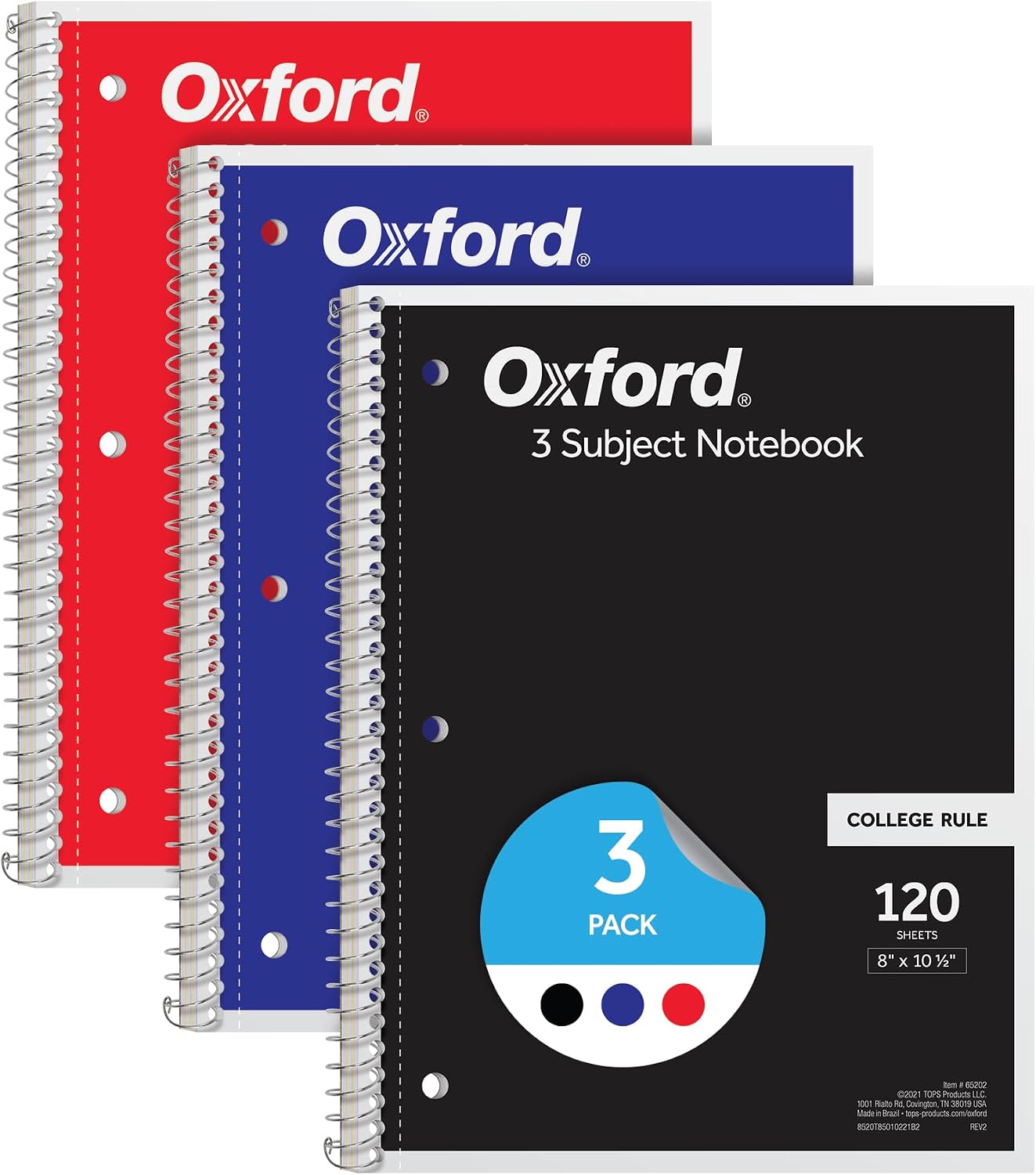 Oxford Spiral Notebook 3 Pack, 3 Subject Journal, 3-Hole Punch, College Ruled Paper, 2 Dividers, 8 x 10-1/2 Inches, Black, Red, Blue, 120 Sheets (65202)