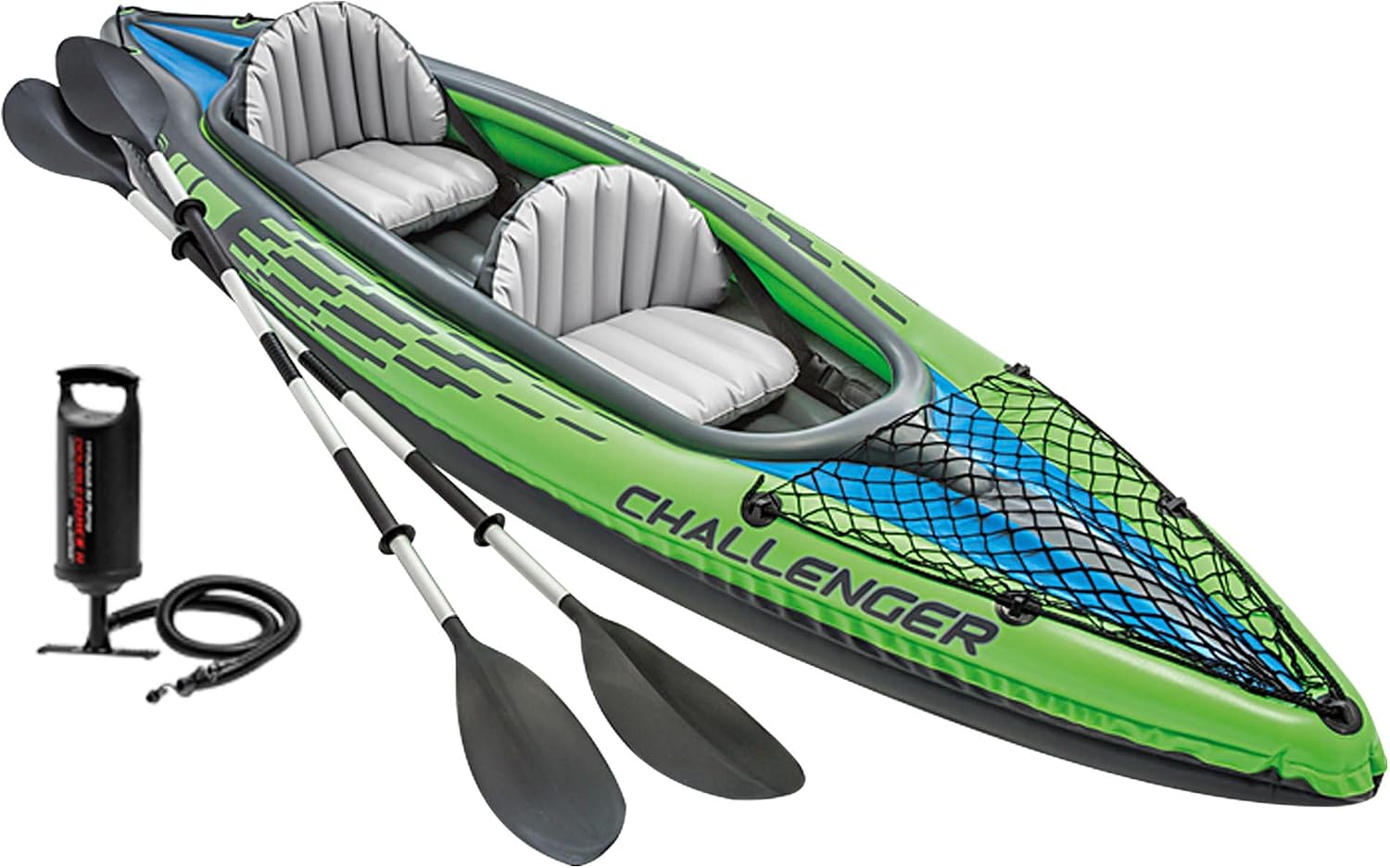 Intex Challenger K2 Inflatable Kayak Set 351cm x 76cm x 38cm, 2 Person Kayak with Aluminium Oars, High Output Pump, Inflatable Seats and Cargo Net Max 180kg