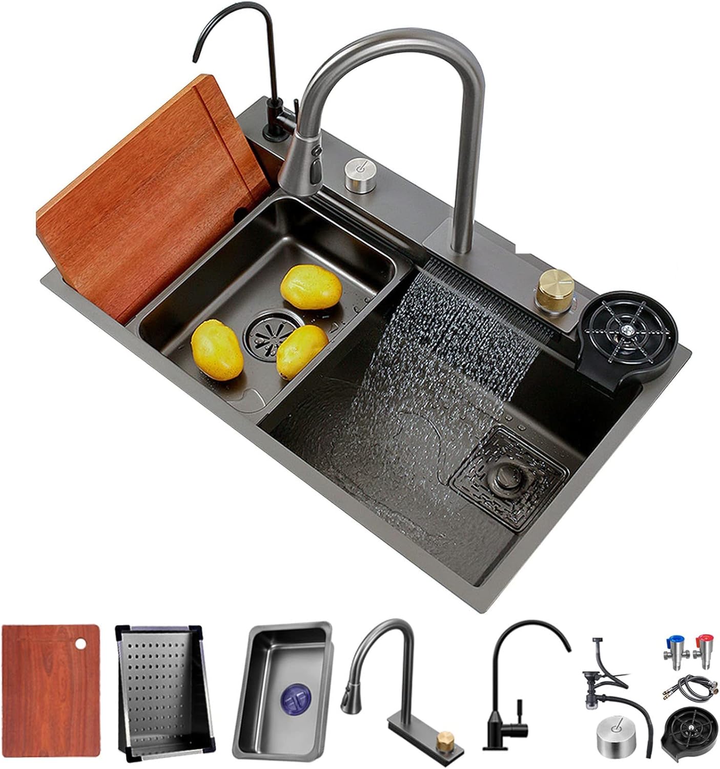 Kitchen Sink Flying rain Waterfall Sink Household Sink, Dishwasher Basin Single Sink Workstation Kitchen Sink with Pull-Out tap, Chopping Board, Cup Washer (80 * 45 * 20cm)