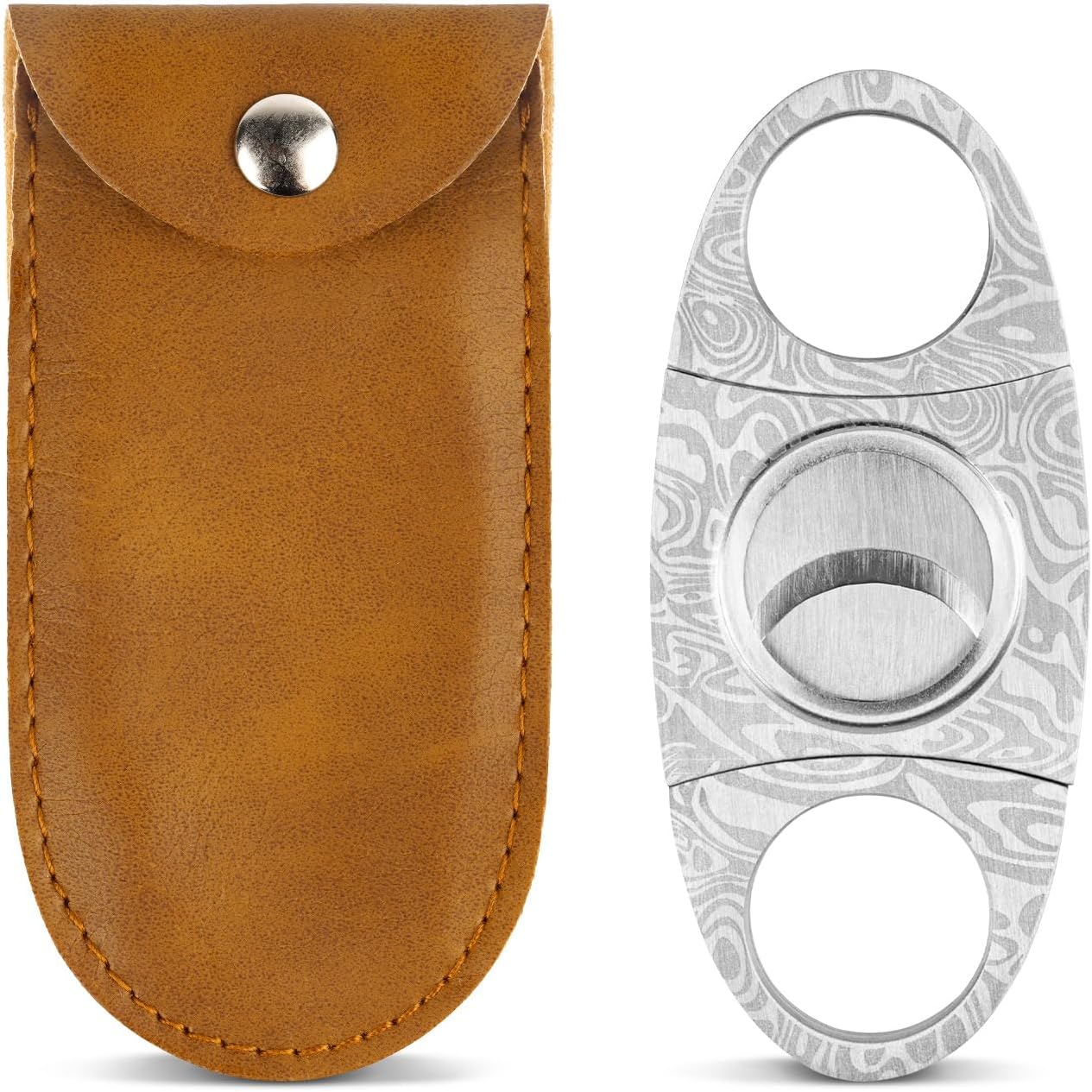 GALAMAX Cigar Cutter, Silver Grain Damascus Stainless Steels Cigar Cutter Scissors with Pouch, Double-Edged Cuban Cigars Cutter Suitable for Most Size of Cigars, Cigar Accessories