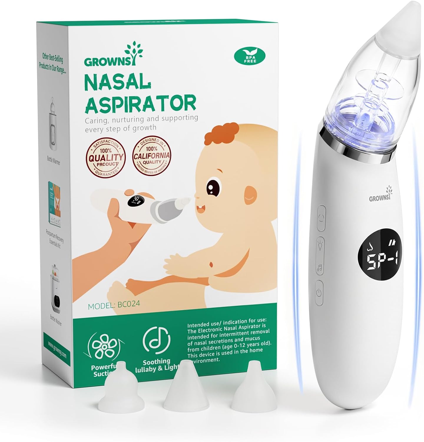 GROWNSY Baby Nasal Aspirator,Ergonomic Nose Sucker with Music & Light,White