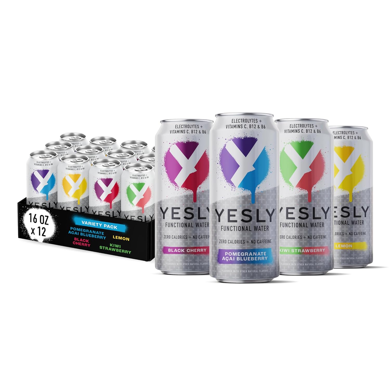 Yesly Functional Water, Variety Pack, Naturally Flavored Still Water with Electrolytes, Magnesium, Potassium, Vitamin C, B6 & B12, Zero Sugar, No Artificial Sweeteners, 16 Fl Oz Cans, 12 Pack