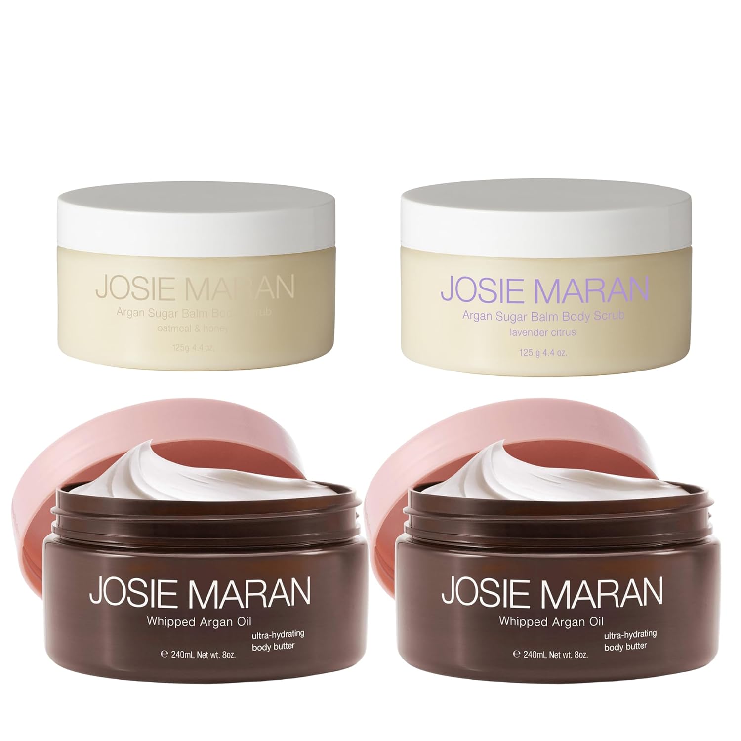 Josie Maran Bod Squad Body Care Set - Includes 2 Argan Sugar Scrubs & 2 Body Butters - Nourishes Skin with Gentle Exfoliation and Intense Hydration - Oat Milk & Honey and Lavender Citrus (4 Count)