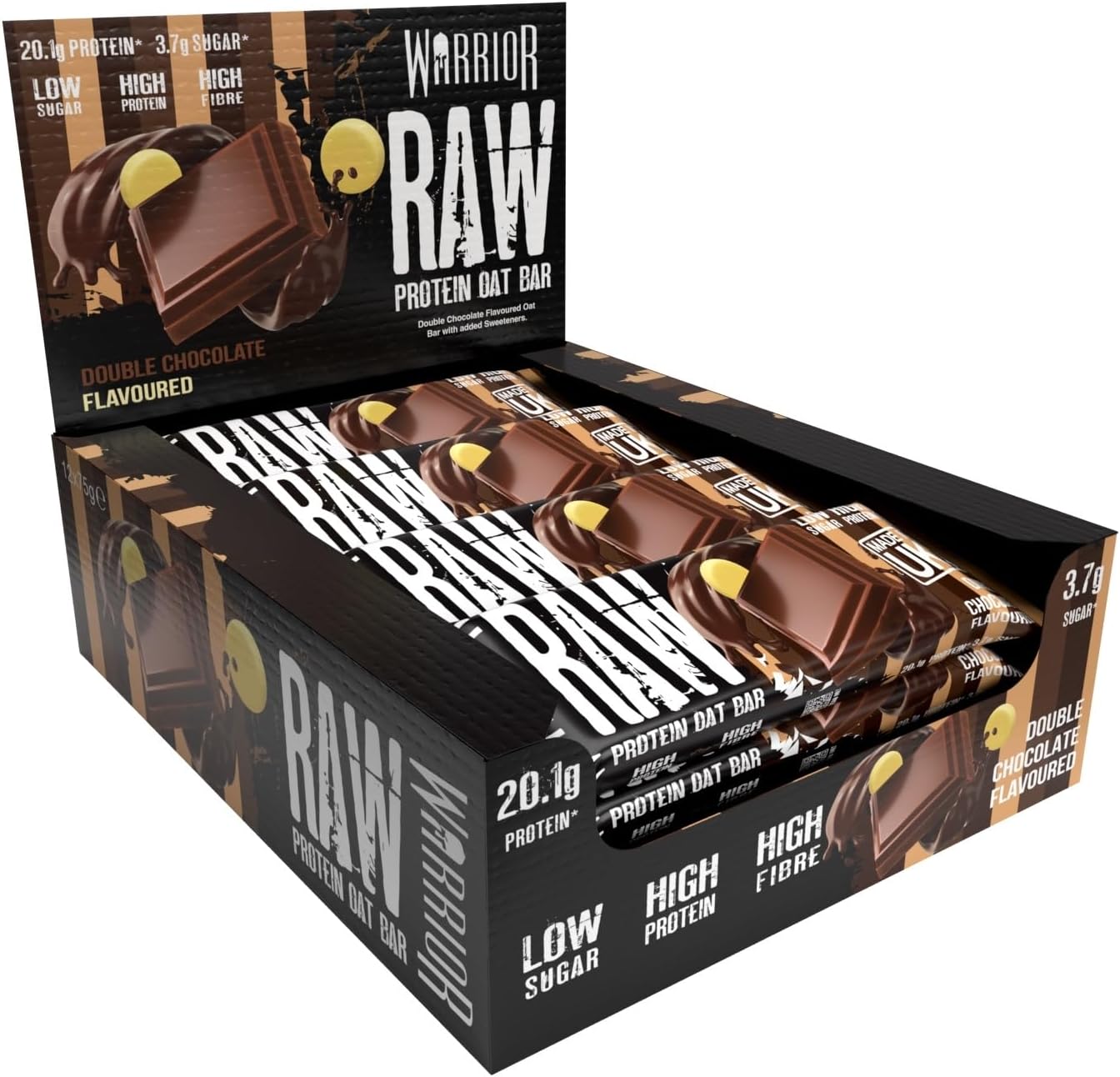 Warrior Raw Protein Bars – 12 x 75g Oat Bar Flapjacks – High Fibre, Low Sugar – Ideal Meal Replacement or Healthy Nutrition Energy Snacks – HFSS/GMP Certified – UK Made (Double Chocolate)