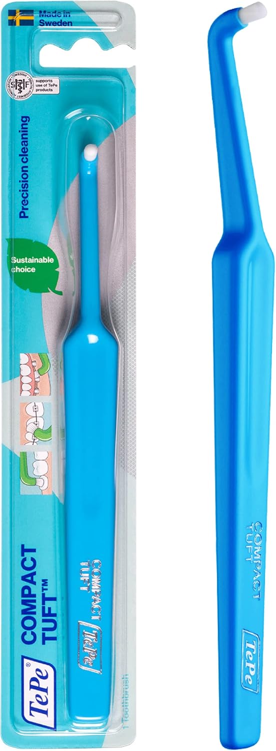 TEPE Compact Tuft Toothbrush, Tufted Brush End Orthodontic Toothbrush for Braces, Dental Implants, Denture Brush, Small Head Toothbrush, 1 Pk